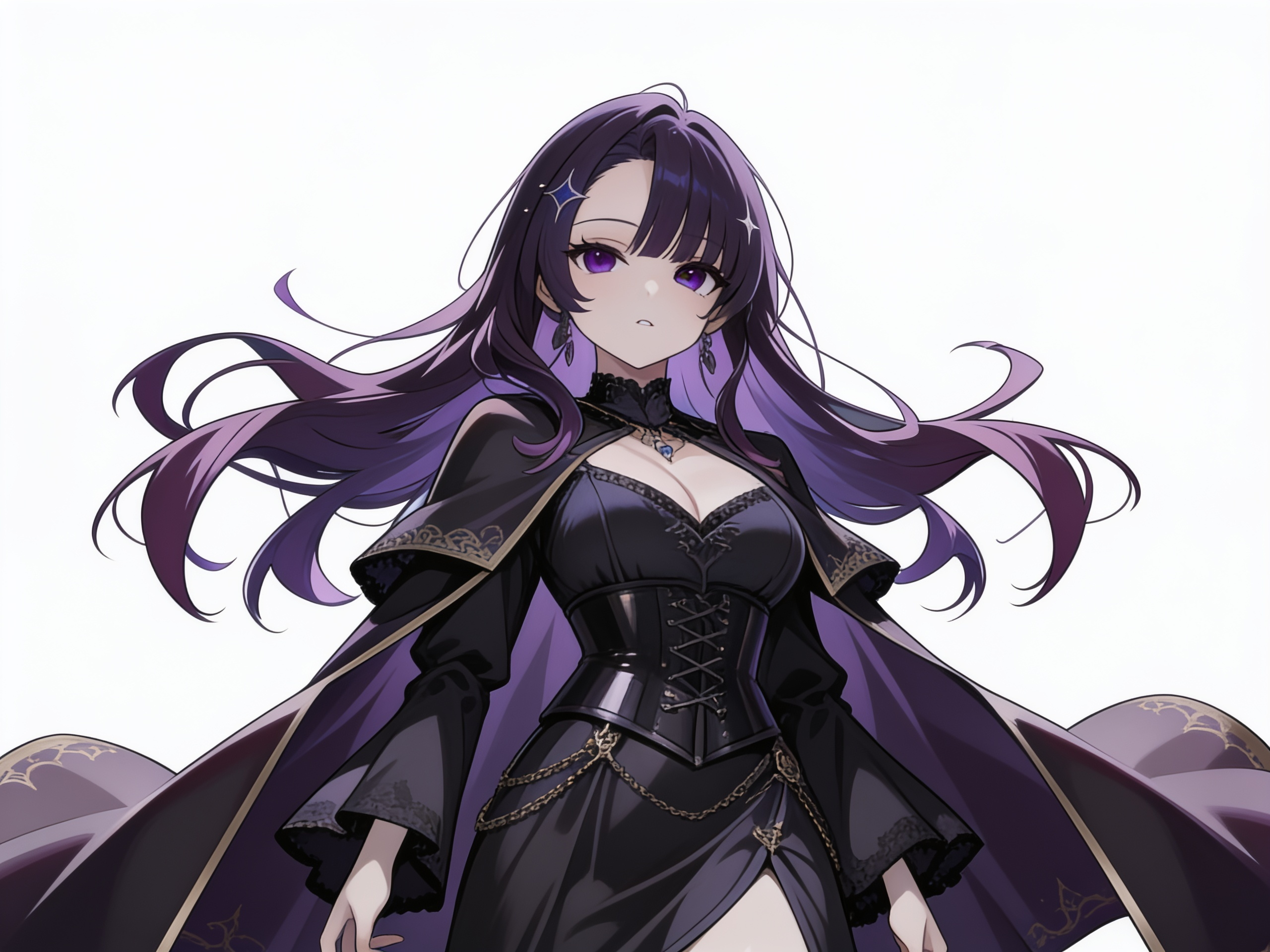 1girl, long dark purple hair, side bangs, forehead visible, dark purple eyes, pale skin, black medieval fantasy outfit, cute mature face, 17 years old, single character, full body, looking at viewer, anime style, simple background, white background, anime style