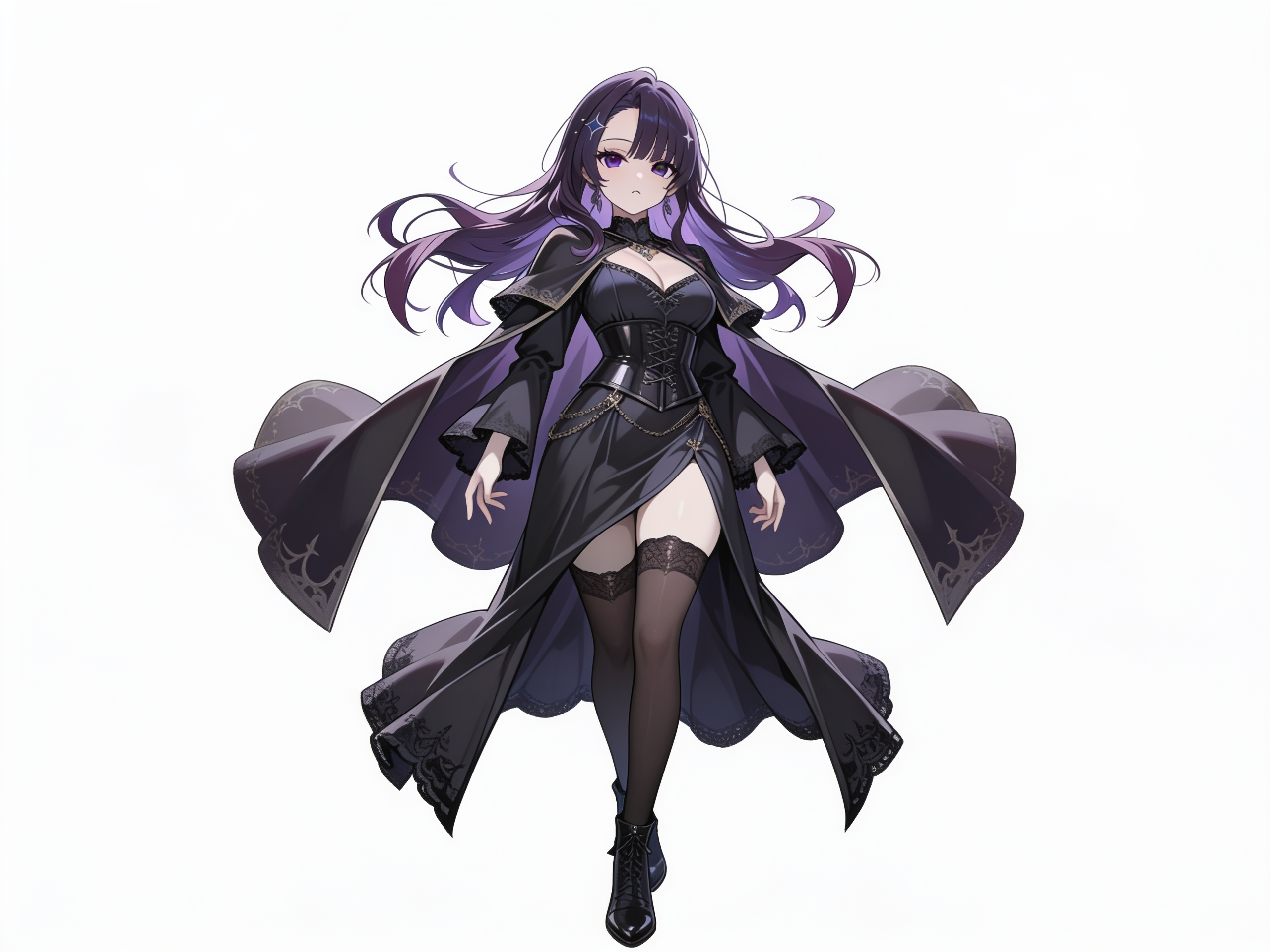 1girl, long dark purple hair, side bangs, forehead visible, dark purple eyes, pale skin, black medieval fantasy outfit, cute mature face, 17 years old, single character, full body, looking at viewer, anime style, simple background, white background. Que el semi cerquillo apenas se note y se vea natural, anime style