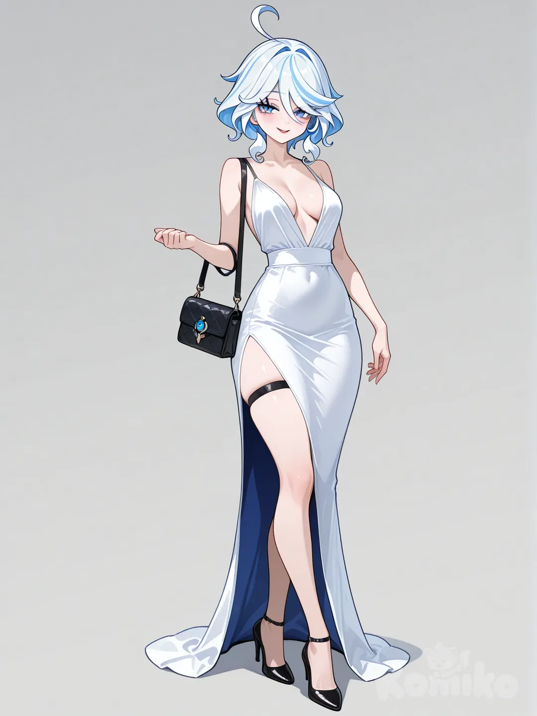 @Furina_(Genshin_Impact), vestido, sexy,provocativo, escotado, blanco, zapatos,negro, tacon alto, maquillada, bolsa, negra, cruzada