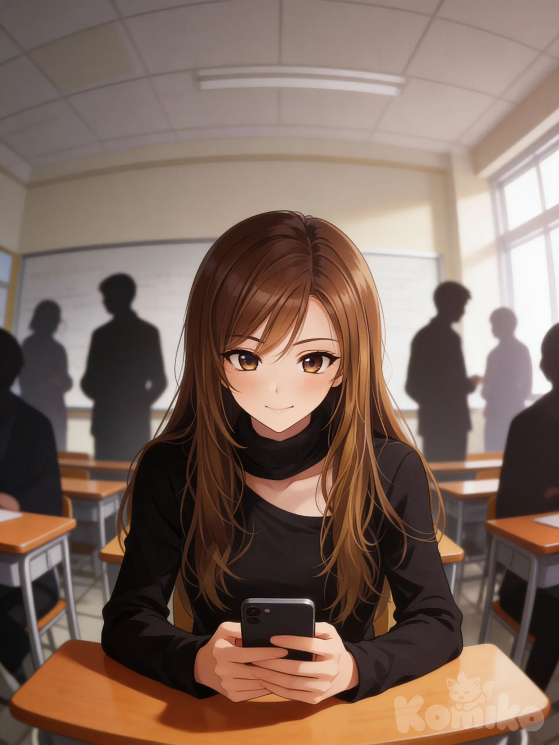 looking at phone, panoramic lens, ella estaba en aula, sentada mirando su celular con una mirada inexpresiva y fria, al fondo gente siluetas mormullando