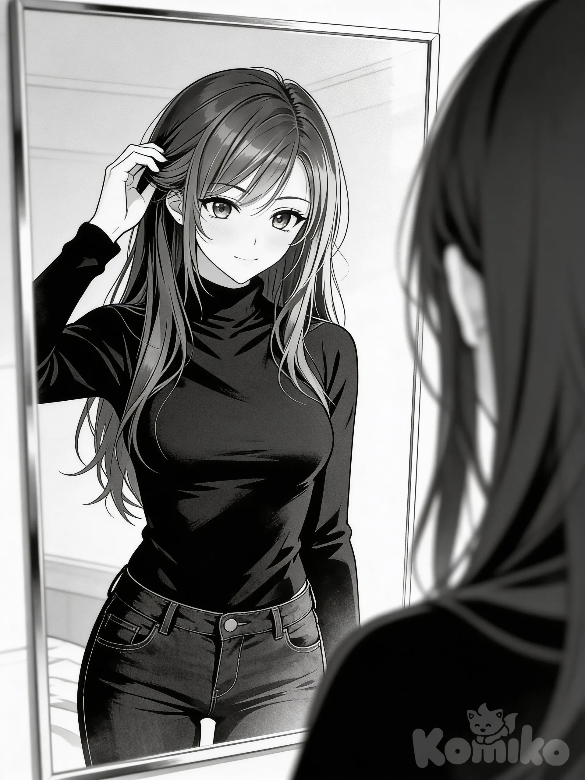 Manga japonés en blanco y negro, estilo slice of life introspectivo.
Komiko arreglándose frente al espejo, vista de frente a través del reflejo, plano medio.
Cabello largo ligeramente desordenado, acomodándolo con una mano.
Expresión neutra y tranquila, sin sonrisa.
Iluminación suave y fría, ambiente silencioso.
Estilo manga seinen narrativo, alto cuidado en el rostro, sin texto