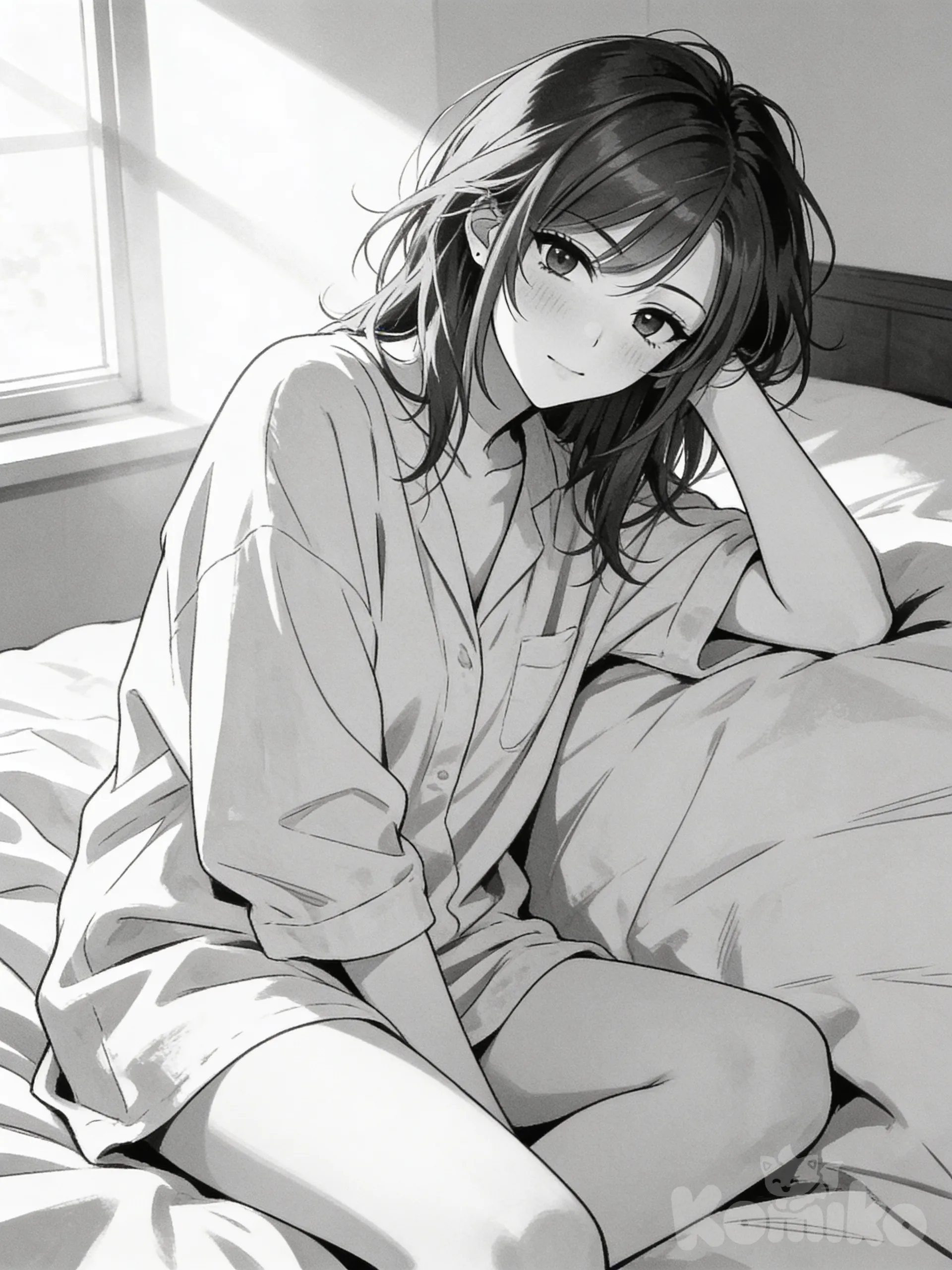 1girl, anime style, manga style, young woman, slim body, clean lineart, smooth lines, soft shading, grayscale, monochrome, realistic proportions, soft lighting, low contrast, partially sitting on bed, leaning to the side, supporting body with one arm, slouched posture, sleep-heavy body, natural gravity, unposed, drowsy expression, half-open eyes, relaxed face, messy hair, simple sleepwear, loose pajama shirt, bedroom, morning, sunlight through window, calm mood, slice of life, panel composition, eye-level angle, slight side angle