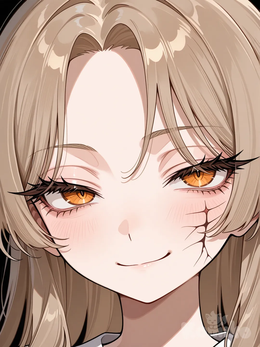 Mirada y ojos
Tiene ojos marrón ambarino / castaño claro, ligeramente rasgados, con una mirada afilada, inteligente y calculadora. No es una mirada cálida: transmite distancia, autocontrol y cierto aire elitista.
Las pestañas largas y bien definidas refuerzan esa expresión fría, dándole un aspecto refinado y serio, típico de personajes que “leen la situación antes de hablar”.

Cabello
Su cabello es castaño largo, liso y sedoso, cayendo hasta la mitad de la espalda, lo que refuerza su imagen cuidada y pulcra.
El flequillo abierto enmarca el rostro con elegancia, mientras algunos mechones más cortos caen suavemente sobre los hombros, aportando dinamismo y feminidad sin romper su compostura.

Facciones y expresión
Rostro ovalado, con barbilla fina y rasgos delicados pero firmes: no es frágil, es precisa.
Su expresión habitual es de serenidad contenida, a veces acompañada de una ligera sensación de superioridad, como alguien consciente de su valor intelectual o social.