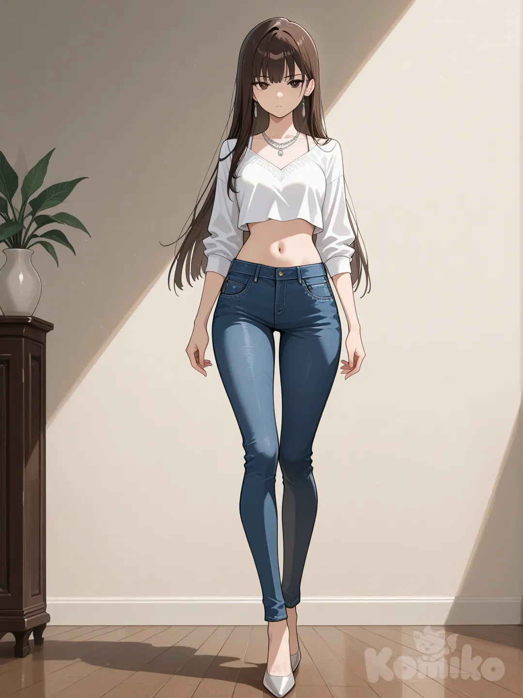 1girl, solo, full body, looking at viewer, brown eyes, dark brown eyes, serious expression, elegant, sophisticated, long straight hair, dark brown hair, perfectly straight hair, white crop top, denim jeans, silver necklace, tall, slender, 22 years old, fashion style, neutral face, poised, confident gaze, cinematic lighting, shojo anime style, sharp details, professional artwork