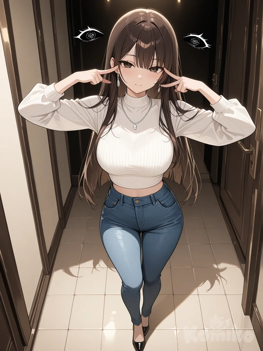 (expressive eyes:1.4), 1girl, solo, full body, looking at viewer, deep brown eyes, soulful gaze, mature eyes, 22 years old eyes, thoughtful expression, elegant, sophisticated, long straight hair, dark brown hair, perfectly straight hair, white crop top, denim jeans, silver necklace, tall, slender, 22 years old, fashion style, poised, confident gaze, cinematic lighting, shojo anime style, sharp details, professional artwork, (emotional depth:1.2)