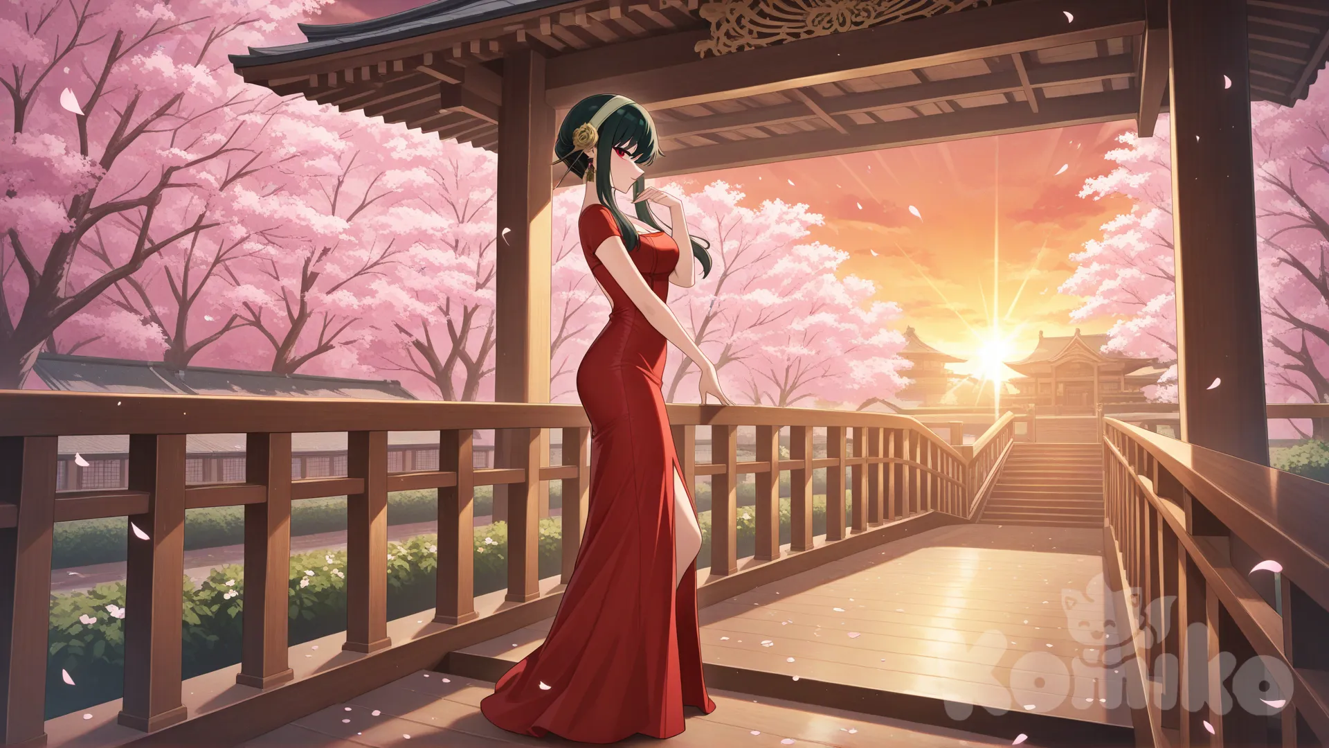 @Yor_Briar
#looking at viewer #looking at viewer #full body# red hot dress, side view , 
Standing holding onto the railing of a Japanese-style black wooden staircase ,day ,side profile photo , relaxed, anime style ,
Evening view , in the middle of a garden full of cherry trees
look like a leader and cool women
cold eyes
Evening sunlight