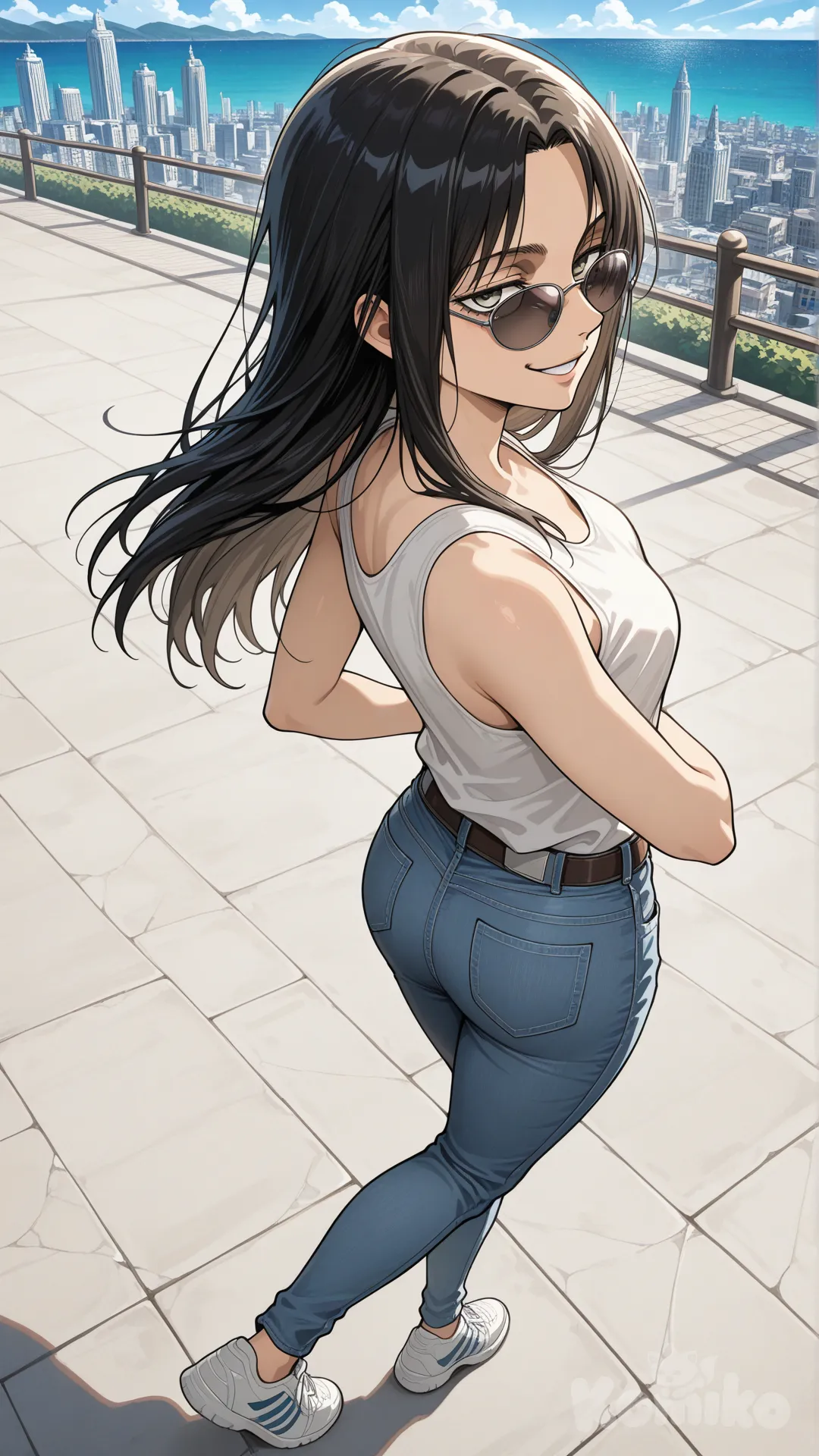 @Levi_(Shingeki_No_Kyojin)

#big sister style , Very good figure , longhair

#sife view 

 # upper body (Focus on the upper body, from the waist up.)

#looking at viewer #full body#, up view , #full body ,from above ,day , funny , relaxed, anime style , 

#cool post

, white Thin tank top, jeans, running shoes, sun glasses

relax , Taking a stroll, walking on a sidewalk , on a sunnyday , in the shopping sreet in capital city , It has a view of the sea and beach as a backdrop.