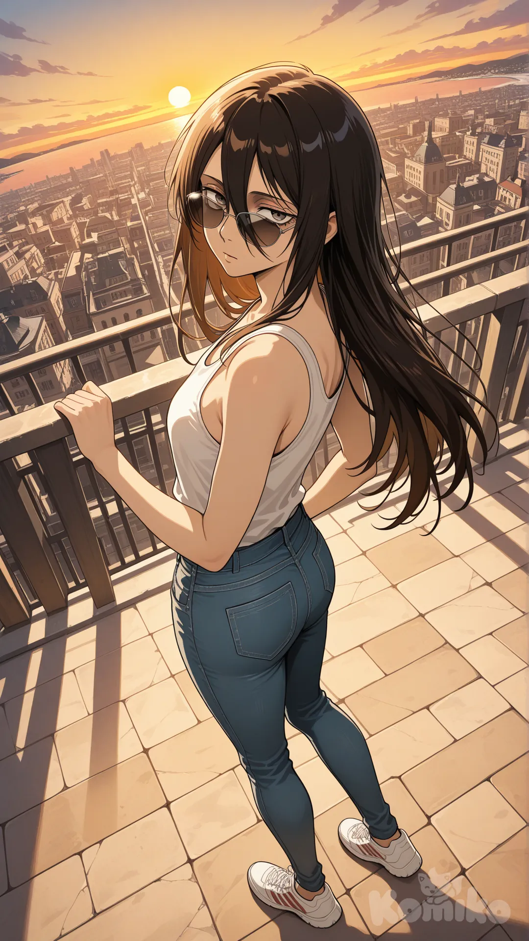 @Levi_(Shingeki_No_Kyojin)

#big sister style , Very good figure , longhair

#sife view 

 # upper body (Focus on the upper body, from the waist up.)

#looking at viewer #full body#, up view , #full body ,from above , eveing , funny , relaxed, anime style , 

#cool post

, white Thin tank top, jeans, running shoes, sun glasses

relax , Taking a stroll, walking on a sidewalk , on a eveing sunnyday , in the shopping sreet in capital city , It has a view of the sea and beach as a backdrop.