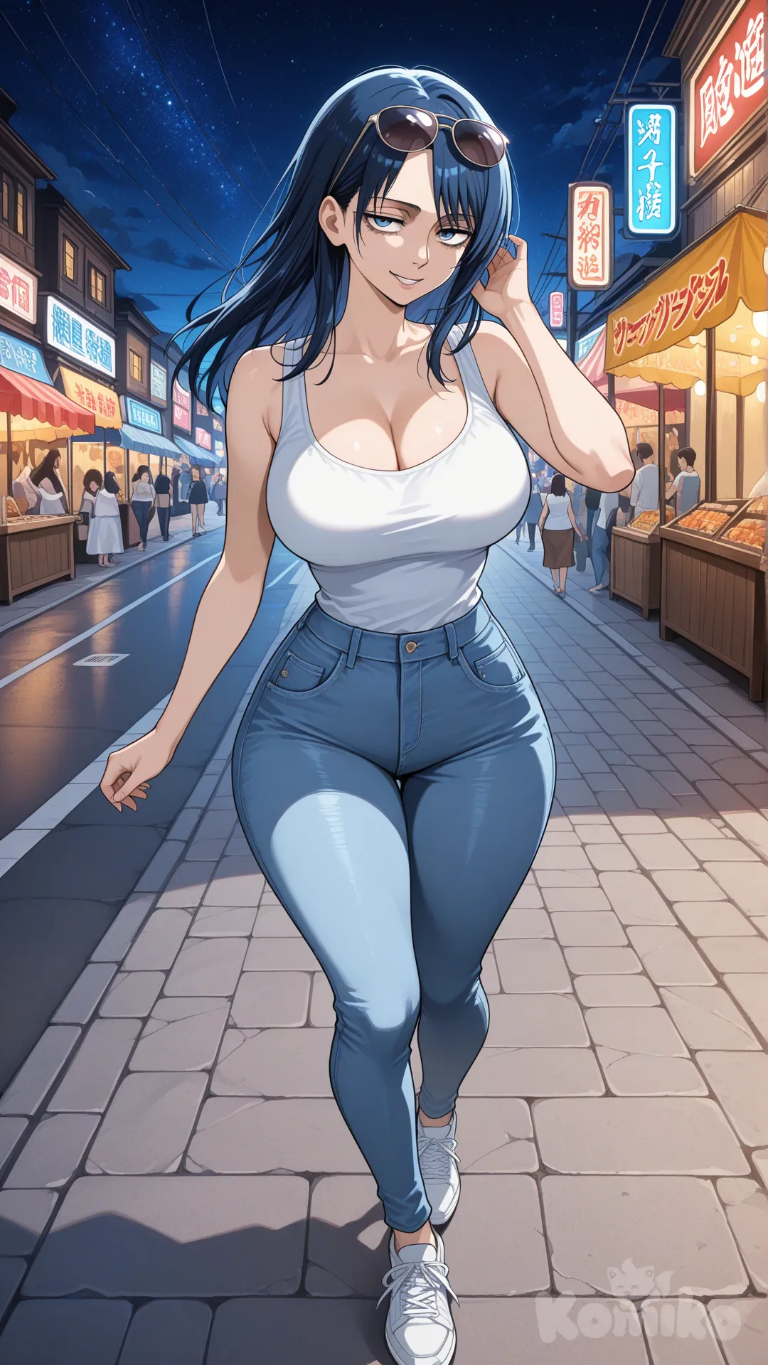 @Levi_(Shingeki_No_Kyojin) #big sister style , Very good figure , longhair

#big sister style , Very good figure , 

#side view 

 # upper body (Focus on the upper body, from the waist up.)

#looking at viewer #full body#, up view , #full body ,from above , day , funny , relaxed, anime style , 

#cool post

, white Thin tank top, jeans, running shoes, sun glasses

relax , Taking a stroll, walking on a sidewalk , on a midnight sunnyday , in the sreet in night market , It has a view of the sea and beach as a backdrop