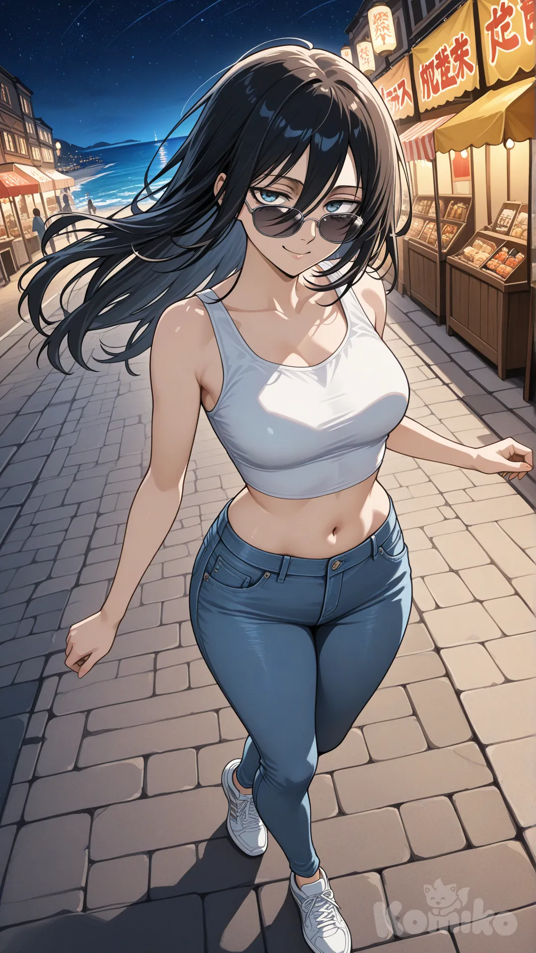 Levi_(Shingeki_No_Kyojin) #big sister style , Very good figure , longhair

#big sister style , Very good figure , 

#side view 

 # upper body (Focus on the upper body, from the waist up.)

#looking at viewer #full body#, up view , #full body ,from above , day , funny , relaxed, anime style , 

#cool post

, white Thin tank top, jeans, running shoes, sun glasses

relax , Taking a stroll, walking on a sidewalk , on a midnight sunnyday , in the sreet in night market , It has a view of the sea and beach as a backdrop