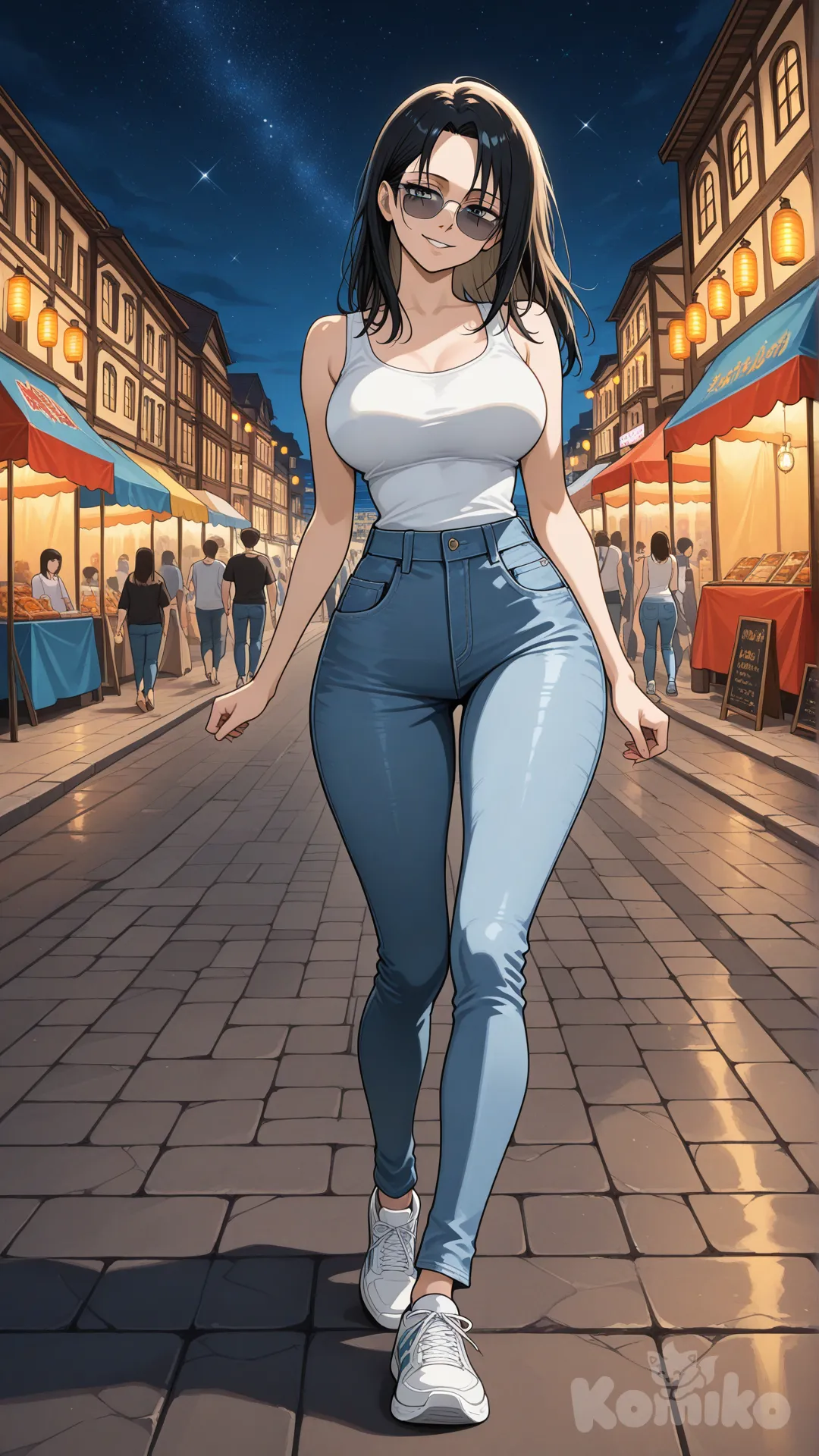 @Levi_(Shingeki_No_Kyojin) #big sister style , Very good figure , longhair

#big sister style , Very good figure , 

#side view 

 # upper body (Focus on the upper body, from the waist up.)

#looking at viewer #full body#, up view , #full body ,from above , day , funny , relaxed, anime style , 

#cool post

, white Thin tank top, jeans, running shoes, sun glasses

relax , Taking a stroll, walking on a sidewalk , on a midnight sunnyday , in the sreet in night market , It has a view of the sea and beach as a backdrop