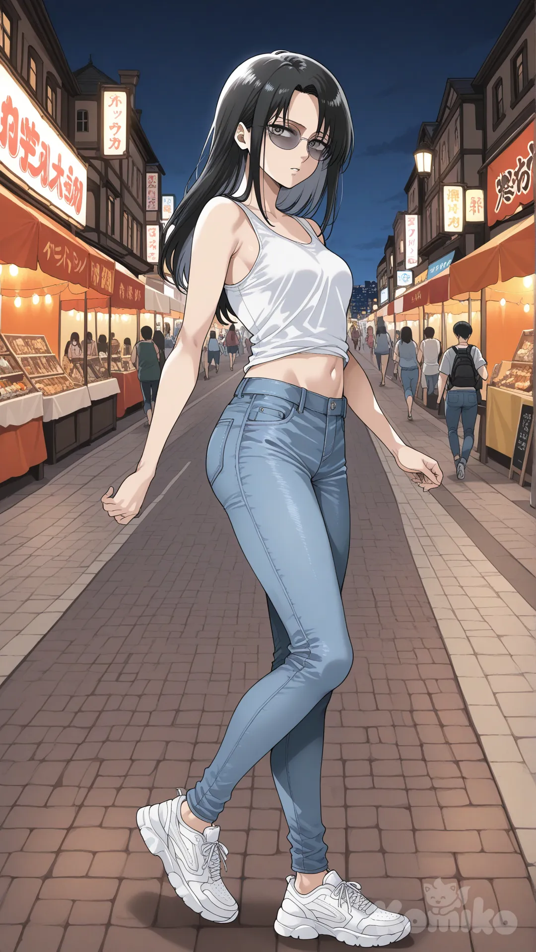 @Levi_(Shingeki_No_Kyojin) #big sister style , Very good figure , longhair

#big sister style , Very good figure , 

#side view 

 # upper body (Focus on the upper body, from the waist up.)

#looking at viewer #full body#, up view , #full body ,from above , day , funny , relaxed, anime style , 

#cool post

, white Thin tank top, jeans, running shoes, sun glasses

relax , Taking a stroll, walking on a sidewalk , on a midnight sunnyday , in the sreet in night market , It has a view of the sea and beach as a backdrop