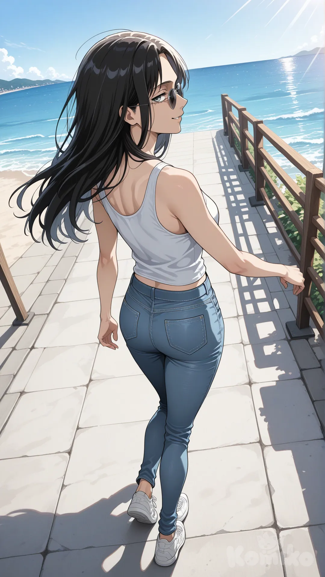 Levi (Shingeki No Kyojin) #big sister style , good figure , longhair

#big sister style , good figure , 

#side view 

 # upper body (Focus on the upper body, from the waist up.)

#looking at viewer #full body#, up view , #full body ,from above , day , funny , relaxed, anime style , 

#cool post

, white Thin tank top, jeans, running shoes, sun glasses

relax , Taking a stroll, walking on a sidewalk , on a sunnyday , in the sreet in market , It has a view of the sea and beach as a backdrop