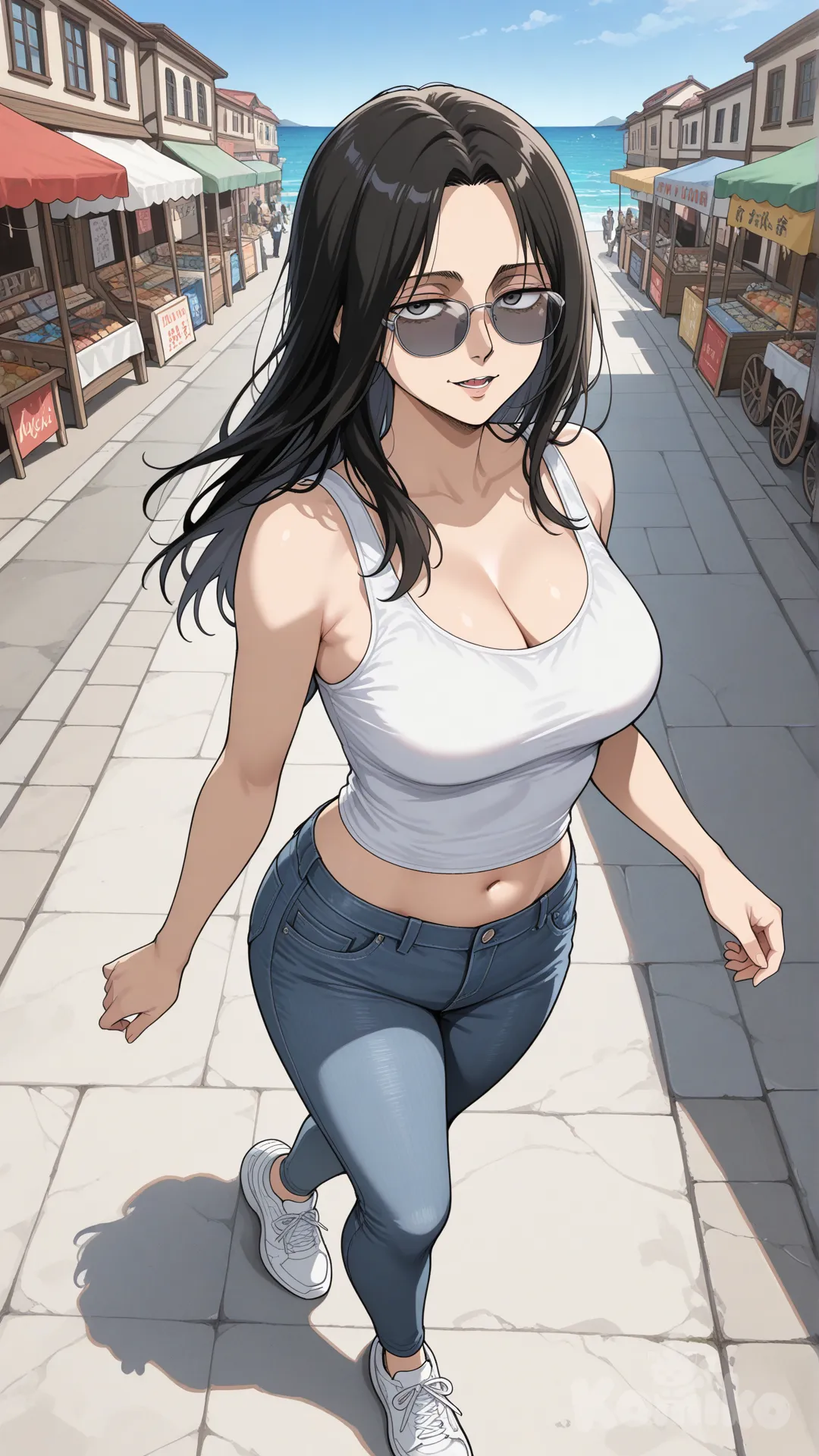 @Levi_(Shingeki_No_Kyojin) #big sister style , good figure , longhair
#big sister style , good figure ,
#side view
# upper body (Focus on the upper body, from the waist up.)
#looking at viewer #full body#, up view , #full body ,from above , day , funny , relaxed, anime style ,
#cool post
, white Thin tank top, jeans, running shoes, sun glasses
relax , Taking a stroll, walking on a sidewalk , on a sunnyday , in the sreet in market , It has a view of the sea and beach as a backdrop