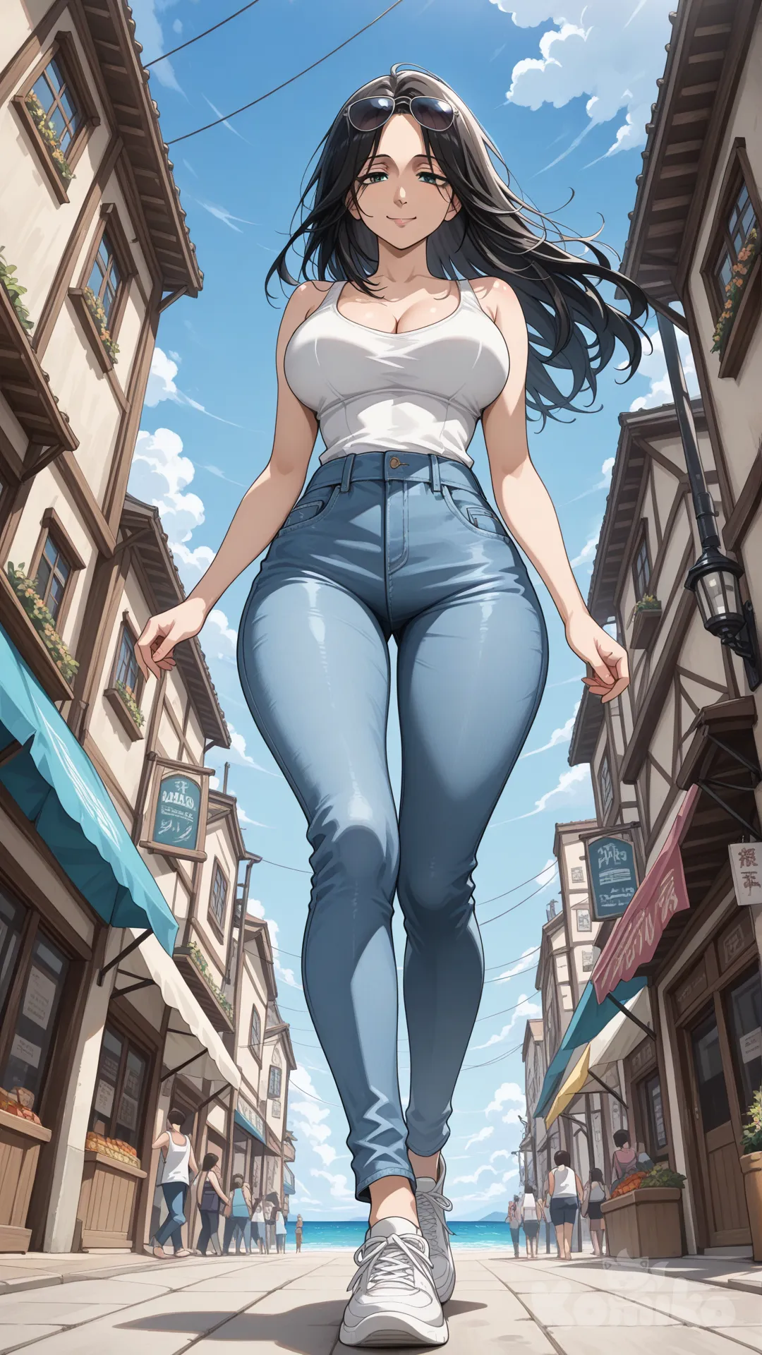 Levi (Shingeki No Kyojin) #big sister style , good figure , longhair
#big sister style , good figure ,
#side view
# upper body (Focus on the upper body, from the waist up.)
#looking at viewer #full body#, up view , #full body ,from above , day , funny , relaxed, anime style ,
#cool post
, white Thin tank top, jeans, running shoes, sun glasses
relax , Taking a stroll, walking on a sidewalk , on a sunnyday , in the sreet in market , It has a view of the sea and beach as a backdrop