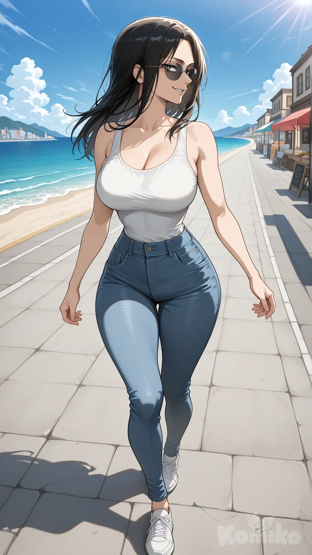 @Levi_(Shingeki_No_Kyojin) #big sister style , good figure , longhair

#big sister style , good figure , 

#side view 

 # upper body (Focus on the upper body, from the waist up.)

#looking at viewer #full body#, up view , #full body ,from above , day , funny , relaxed, anime style , 

#cool post

, white Thin tank top, jeans, running shoes, sun glasses

relax , Taking a stroll, walking on a sidewalk , on a sunnyday , in the sreet in market , It has a view of the sea and beach as a backdrop