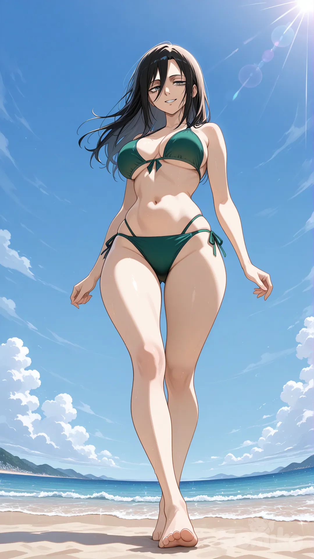 Levi (Shingeki No Kyojin) #big sister style , good figure , longhair

#big sister style , good figure , 

#side view 

 # upper body (Focus on the upper body, from the waist up.)

#looking at viewer #full body#, up view , #full body ,from above , day , funny , relaxed, anime style , 

#cool post

, green swimming suite bikini

relax , Taking a stroll, walking on a beach , in a sunnyday , in the beach , It has a view of the sea and beach as a backdrop