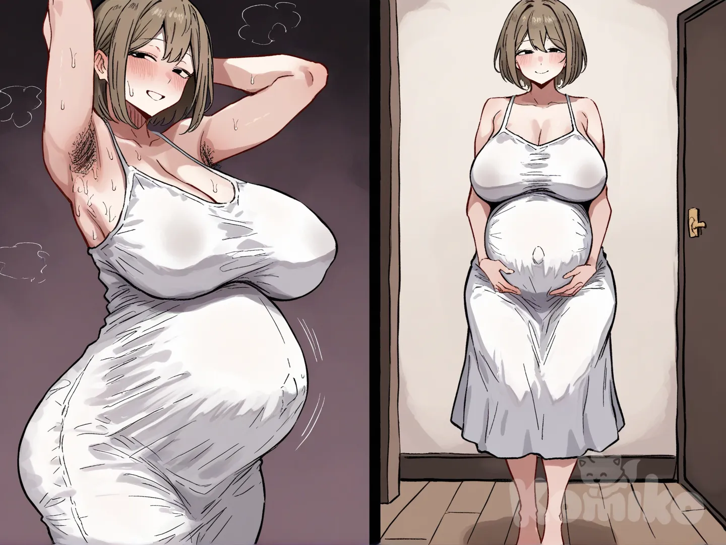 , 1woman , solo , milf , mature female , short hair , brown hair , black eyes , anime coloring , looking at viewer , smile , blushing , loving , bedroom , pregnant , overdue , white dress , thick pubic hair , little armpit hair , huge ass , huge boobs , busty body , full body , ultra-wide shot , NSFW , [hentai-style]