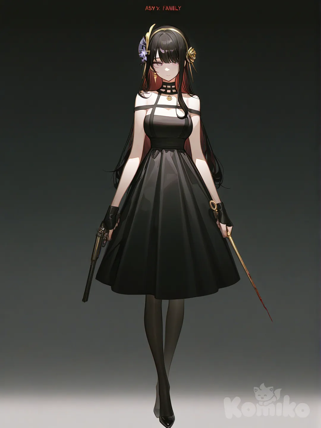 1girl, Yor Briar, Anya (Spy X Family), Raiden Shogun, Beidou (Genshin Impact), Kujou Sara, [high-contrast-glossy-style], holding gun, little black dress Japanese style, full body