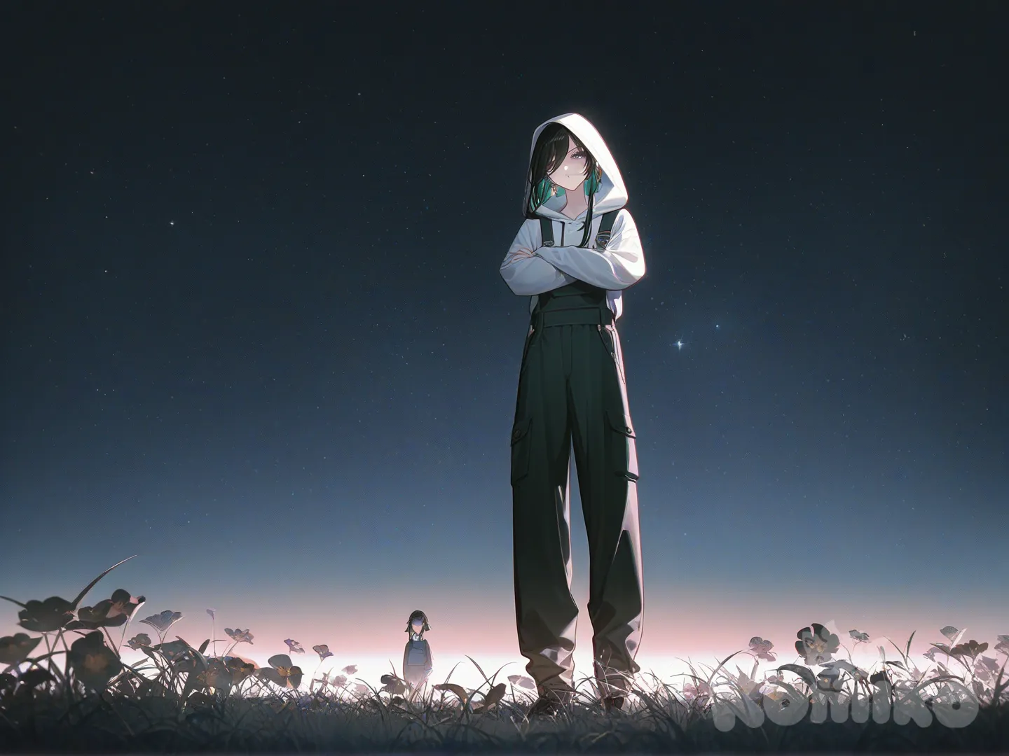 1girl, Yelan (Genshin Impact), Clorinde (Genshin Impact), Yor Briar, Anya (Spy X Family), Twilight (Spy X Family), Gumi, [high-contrast-glossy-style], crossed arms, emotionless, hoodie, overalls, side light, full body,night sky stars and grass and flowers.