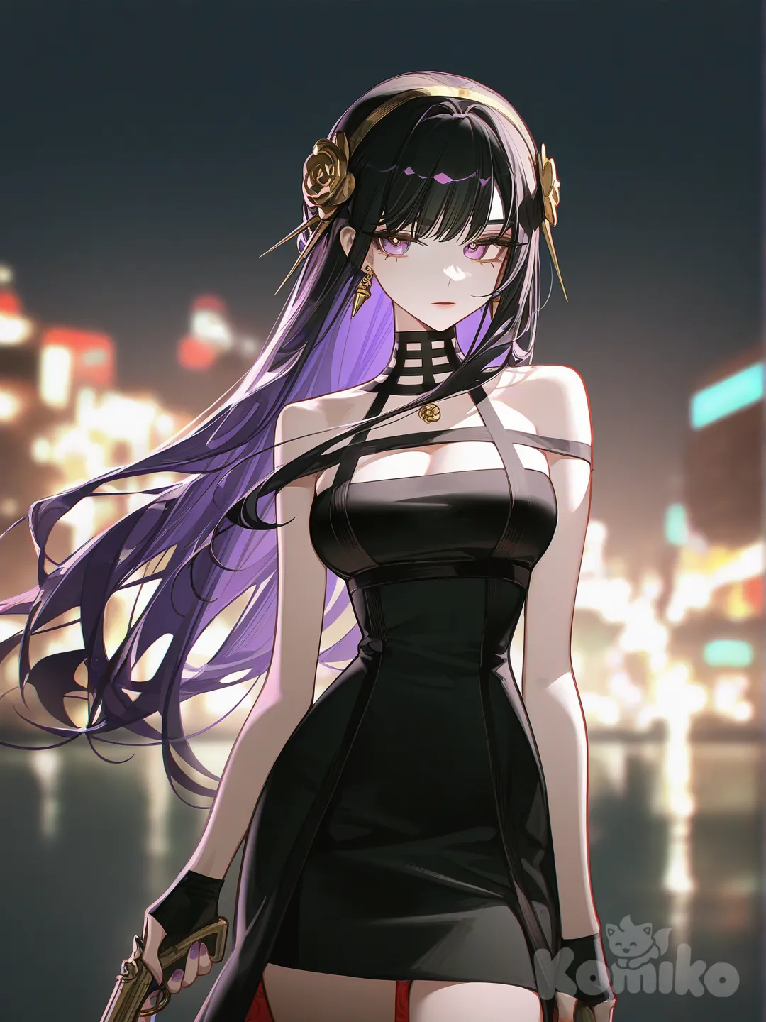1girl, Azami, Raiden Shogun, Yor Briar, [high-contrast-glossy-style], holding gun, little black dress, lace, tassels, blurred background, city lights