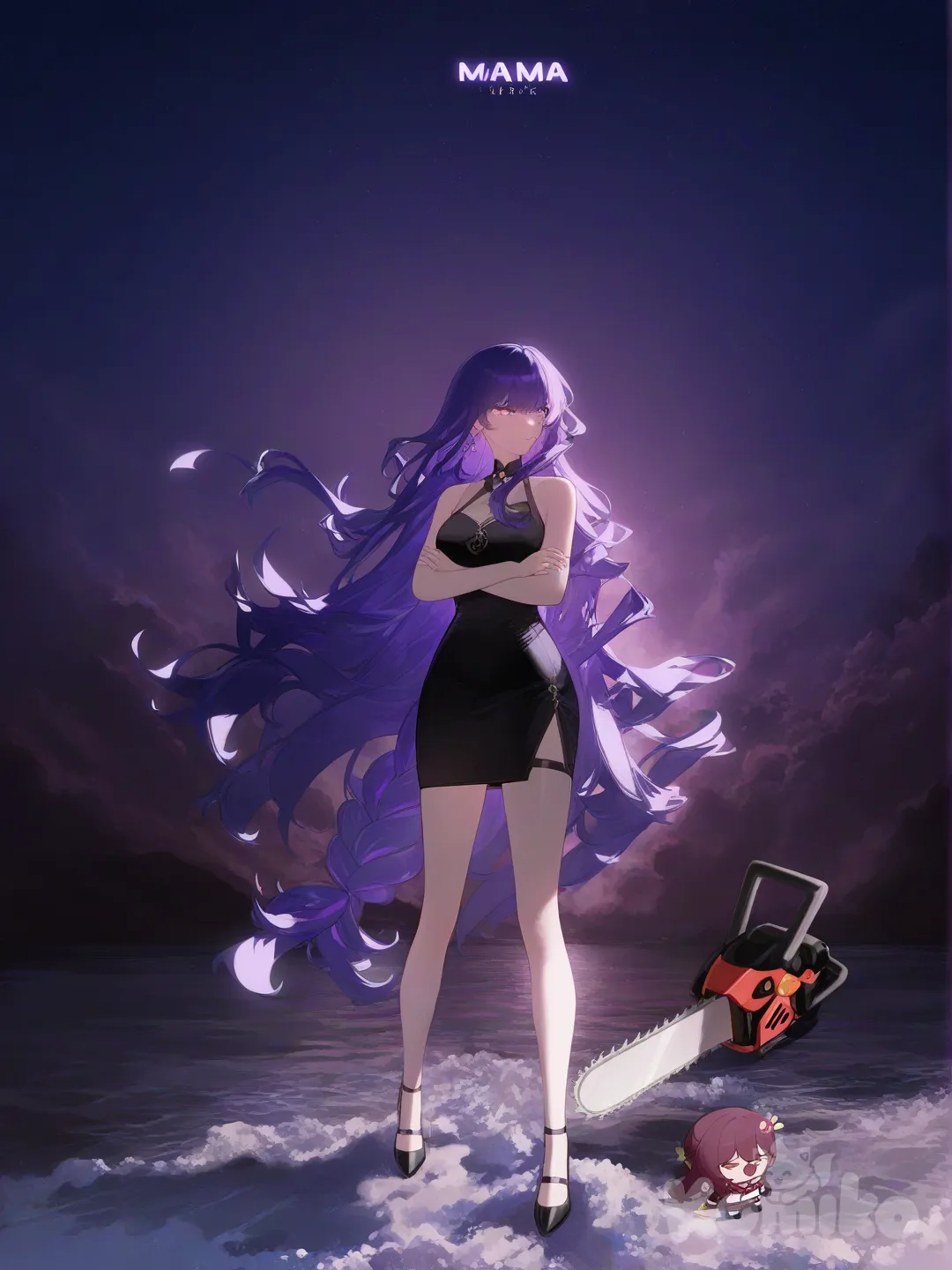 1girl, [moody-glow-style], Raiden Shogun, Beidou (Genshin Impact), Shenhe (Genshin Impact), Power (Chainsaw Man), Makima (Chainsaw Man), Kafka (Honkai:Star Rail), crossed arms, little black dress with maroon color stars on it, looking awa,wave hair, backlight, full body