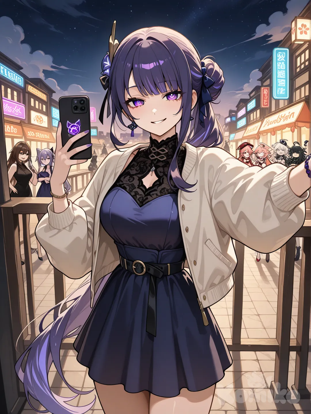 Yanfei (Genshin Impact), Keqing (Genshin Impact), Raiden Shogun, Boo Tao (Genshin Impact), Cloud Retainer (Genshin Impact), Hex Maniac (Pokemon), Tifa Lockhart, Ak-12 (Girls'_Frontline), M4A1 (Girls'_Frontline), Ak-15 (Girls'_Frontline), Meiko (Vocaloid), selfie, holding knife, smirk, psycho laughing, little black dress, sherpa, bow, bracelet, jewelry, bun, navy blue, full body, cowboy shot, top light, twilight, night, day, city lights, neon lights, blue sky, starry sky, night sky