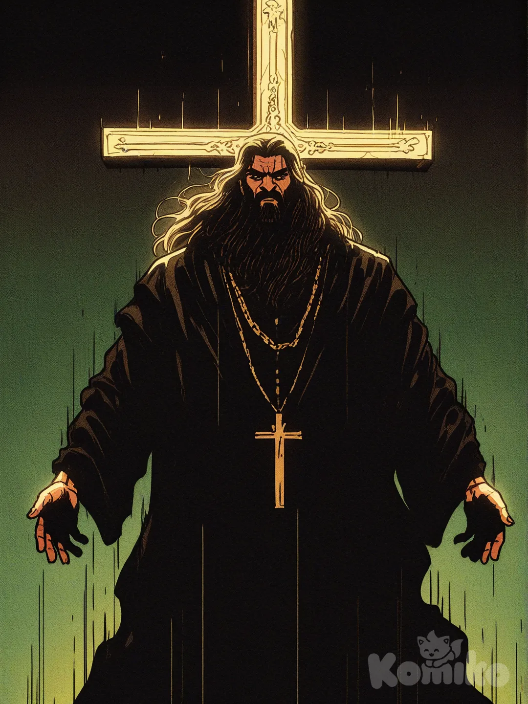 Jesus in the style of the manga "Jojo's Bizarre Adventures" with a cross behind him. , [action-manga-style]