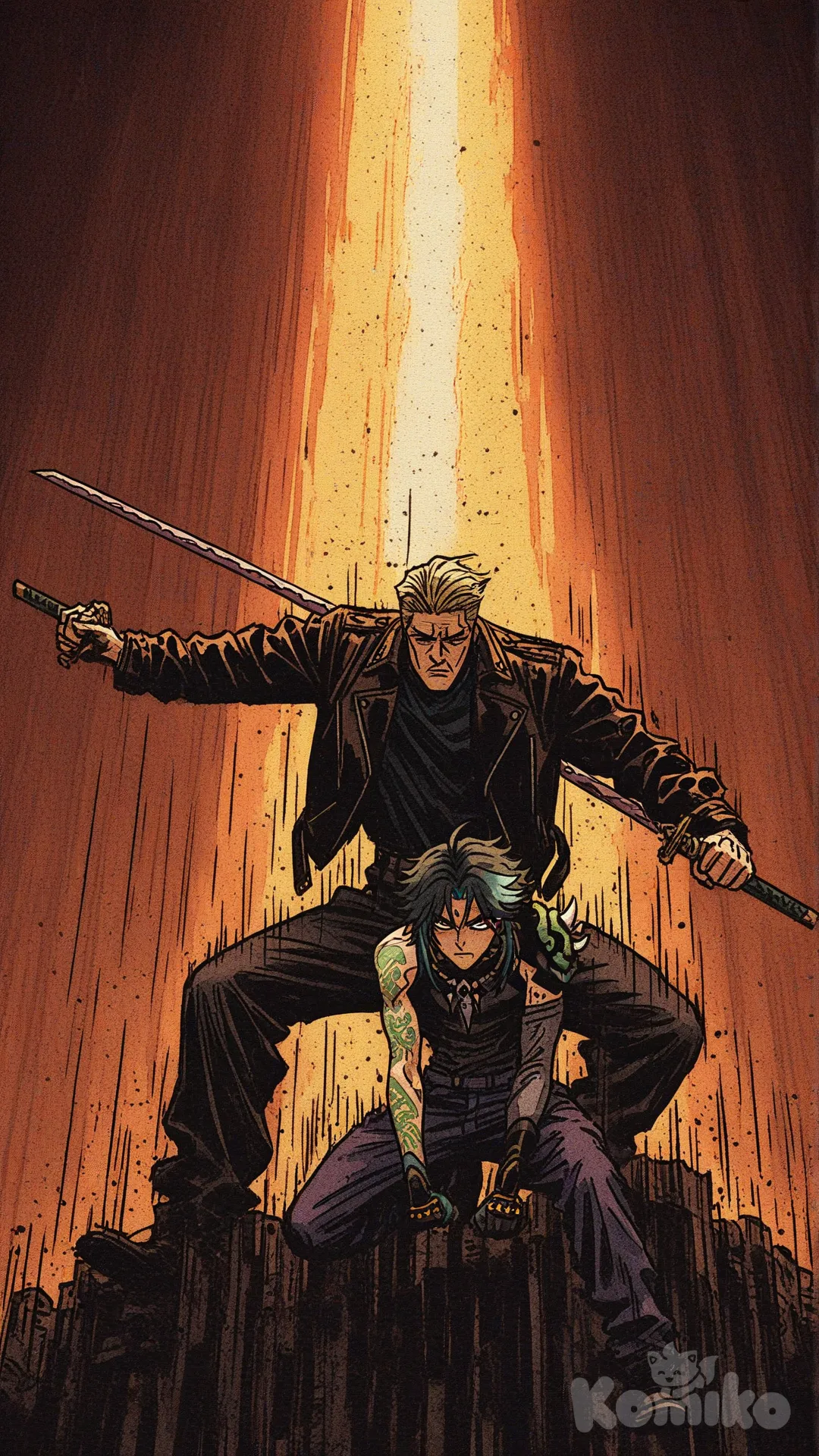 @Nanami_Kento, holding sword, punk leather jacket, wide shot, [action-manga-style], @Xiao_(Genshin_Impact)