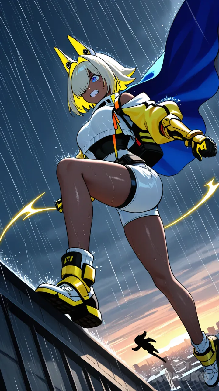 @Lunethis, @Elegg_(Nikke), [action-manga-style], jumping from rooftop, leather jacket, full body, twilight, rainy