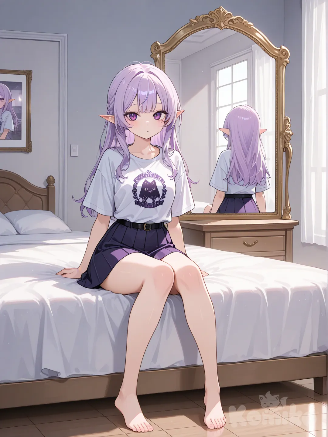 A tall, slender, 20-year-old teenage elf girl with short, bright purple hair and large purple eyes, dressed in a skirt and a T-shirt, in a room on a bed with a large mirror in front of the bed, is reflected completely in the mirror