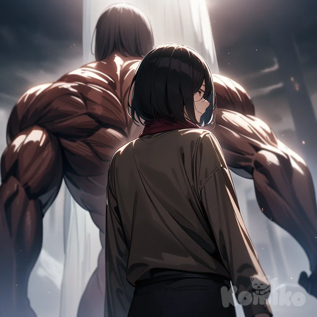 Titan (Shingeki No Kyojin), Mikasa Ackerman, mikasa sit, mikasa sit on Titan's arm, big titan's arm, back view, sit