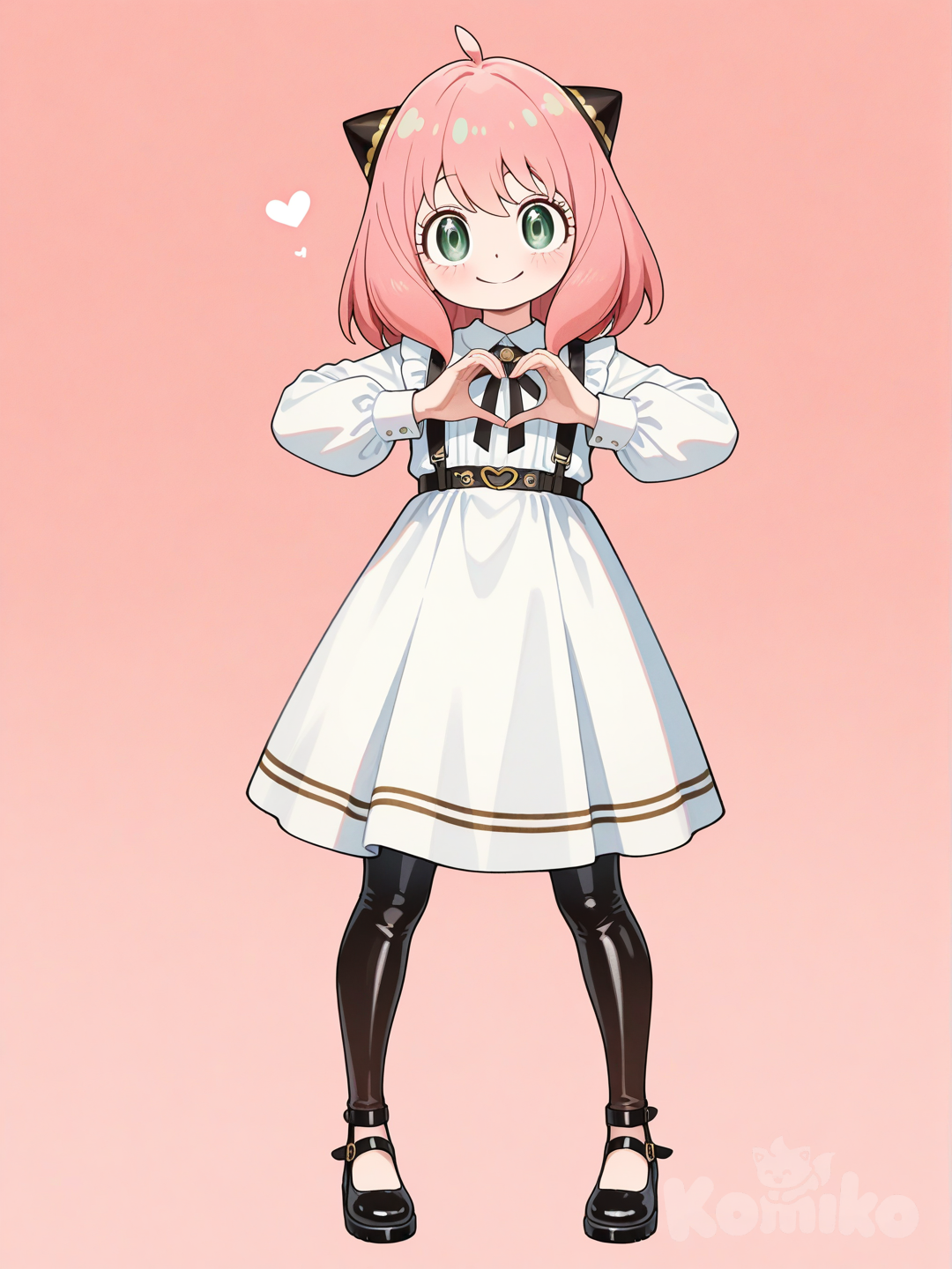 @Anya_(Spy_X_Family) con un vestido blanco y con leggins de cuero negro , heart hands, full body