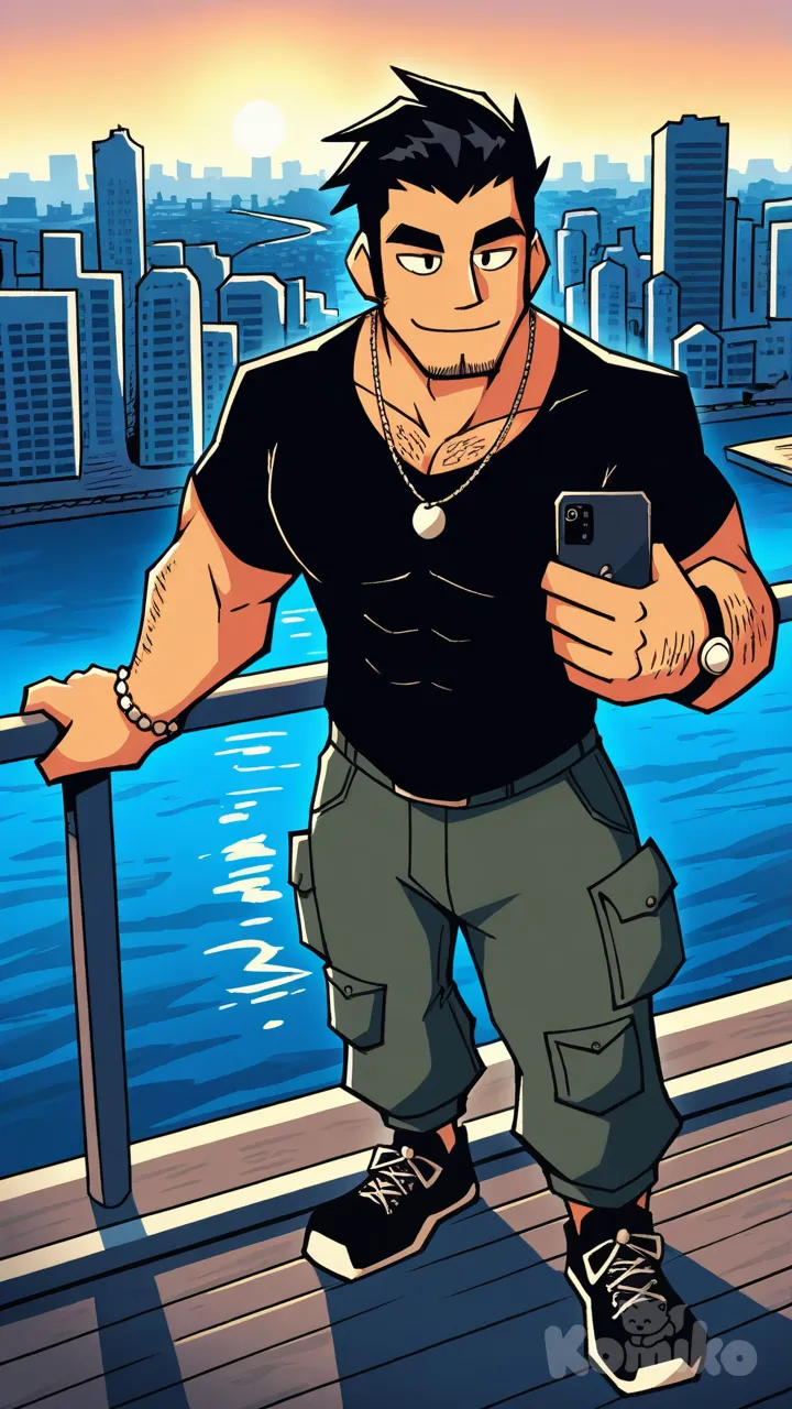 muscular, hairy, hunk, bodybuilder, abs, masculine, bara, bulging muscles, thick thighs, broad shoulders, strong, dominant, virile, mature, rugged, body hair, beefy, macho, manly, toned, powerful, well-built, brawny, ripped, shredded, chiseled, defined, athletic, fit, handsome, attractive, black hair, mature, striking heroic pose, highly defined musculature, ultra-anatomy, sharp anime linework, dynamic lighting, vibrant colors, dramatic shading, wind-swept hair, intricate textures on skin and clothing, cinematic high-resolution, epic atmosphere, full body, t-shirt, cargo pants, bracelet, slicked-back hair, cityscape, pier, smile, selfie, necklace, setz