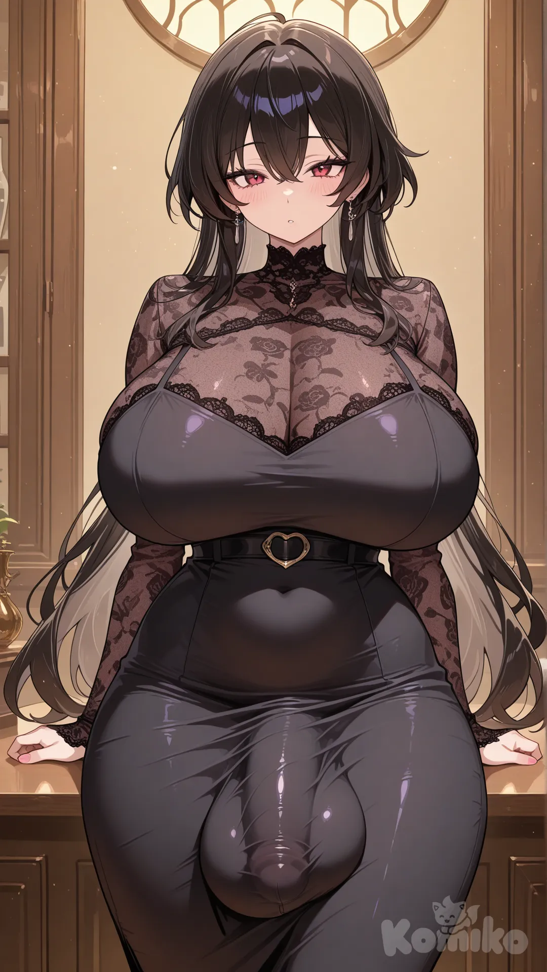 A beautiful futanari in a black dress with large breasts and a particular asset...