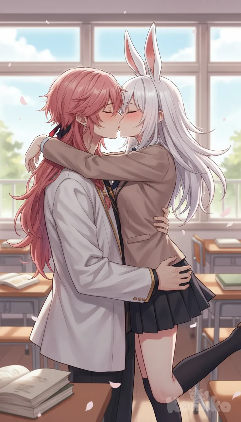 2people, Mirko, kissing, blush, classroom, anime style