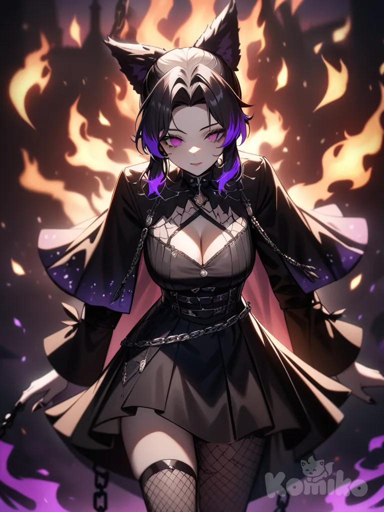 Kochou Shinobu, gothic, hell hound, chains, flames, gothic fashion, demon dog, fire, fiery background, cleavage, fishnet stockings, dark aura, clothing, intricate details, supernatural, enchanted flames, shadowy ambiance, chain accessories