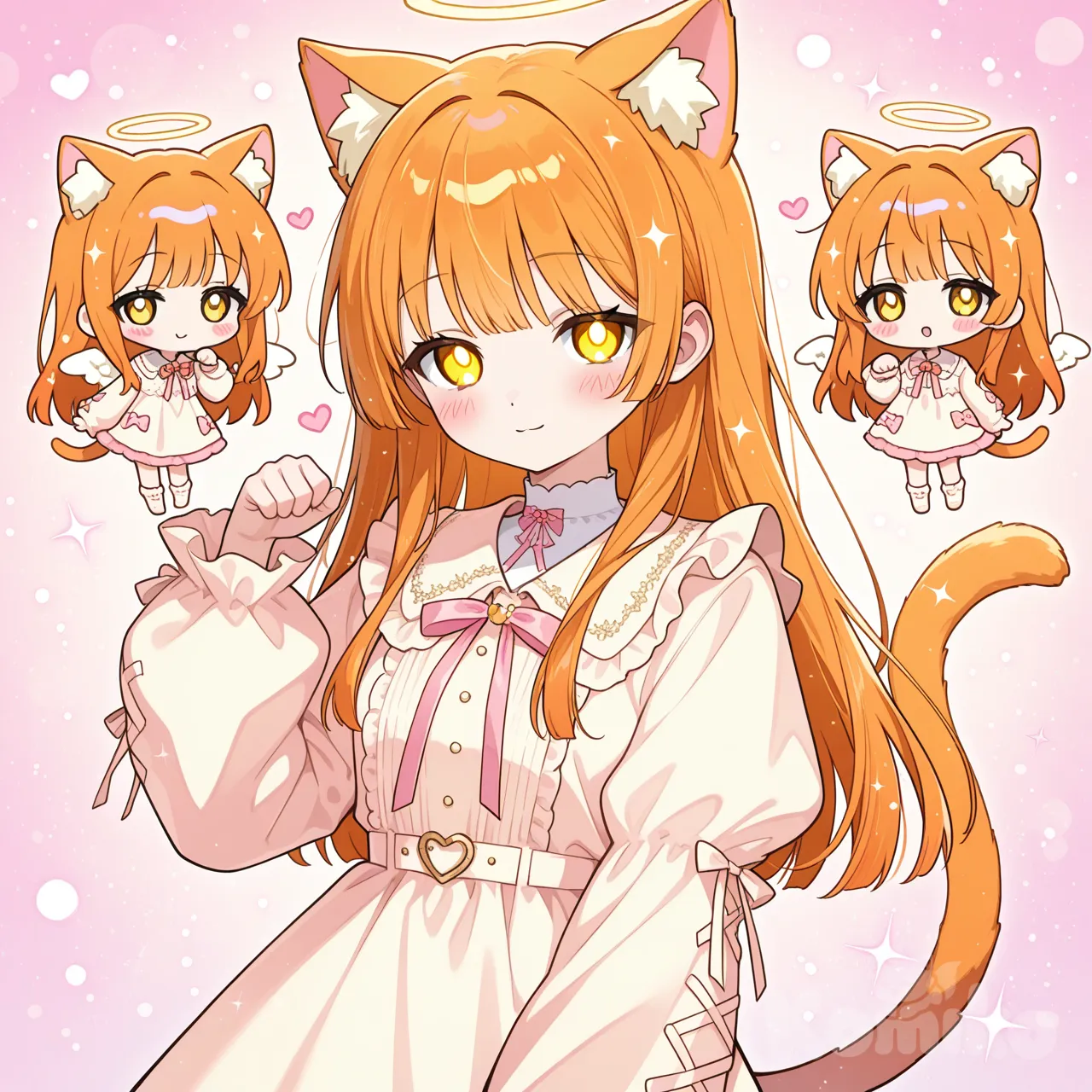 Cute anime chibi girl inspired by Mahiru Shiina from "The Angel Next Door Spoils Me Rotten",
angelic kawaii anime style, sweet cat-girl pose with gentle smile,
golden blonde eyes glowing softly,
long smooth orange hair with warm highlights,
pure and innocent expression, rosy cheeks,
wearing soft pastel outfit with ribbon and fluffy sleeves,
dreamy pastel background with hearts and light sparkles,
anime illustration, smooth coloring, soft lighting, ultra cute, multiple 4koma