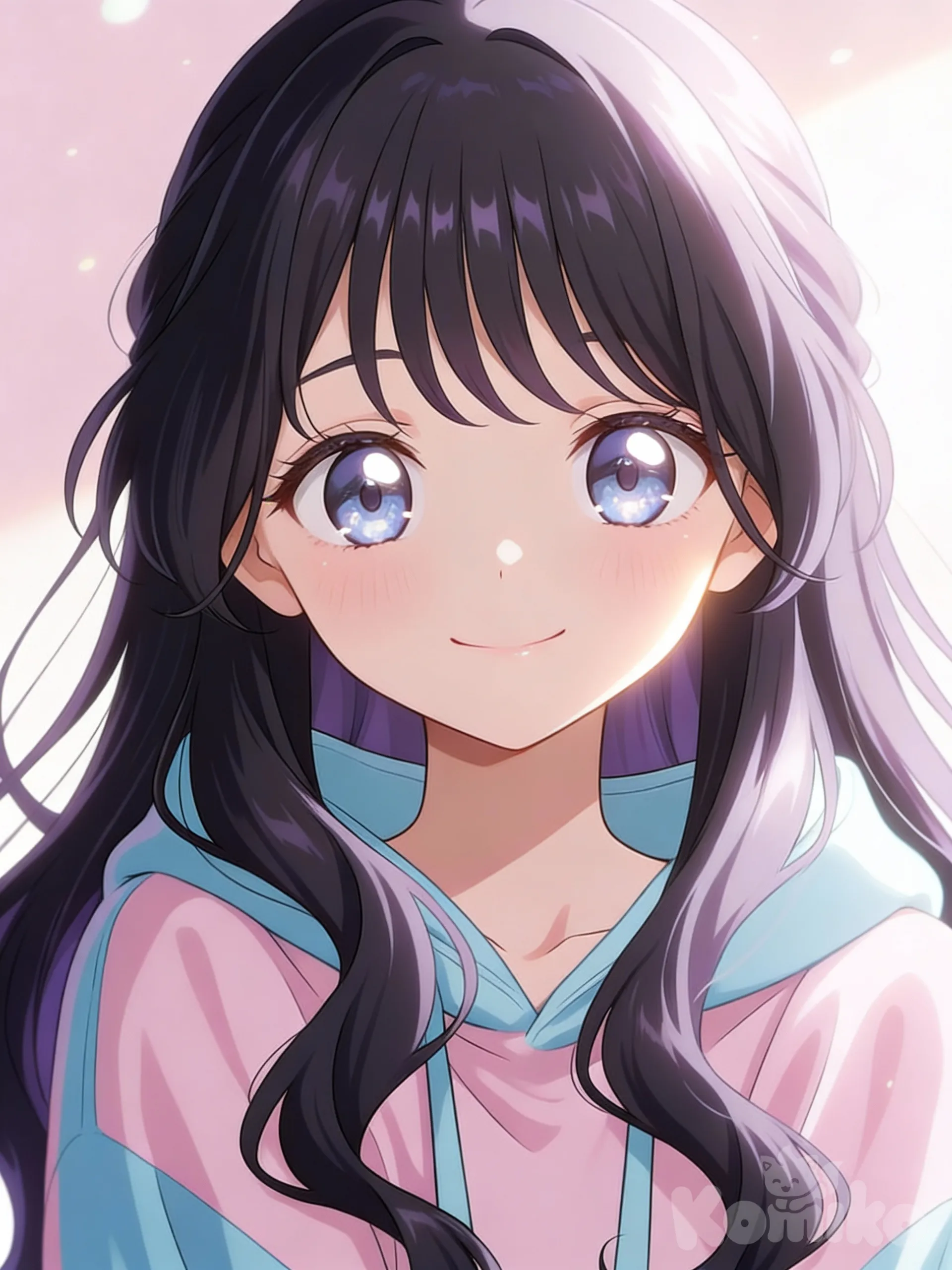 Make waguri kokuro cute anime girl, komikoAI style, soft pastel color palette, clean and smooth lineart, big sparkling eyes, glossy eye highlights,
light purple black hair with soft curls, fair skin, gentle smile, small nose,
wearing oversized pastel hoodie, cozy aesthetic,
soft studio lighting, subtle glow on face,
simple pastel background with floating light particles,
ultra smooth shading, anime illustration, aesthetic, no sharp shadows