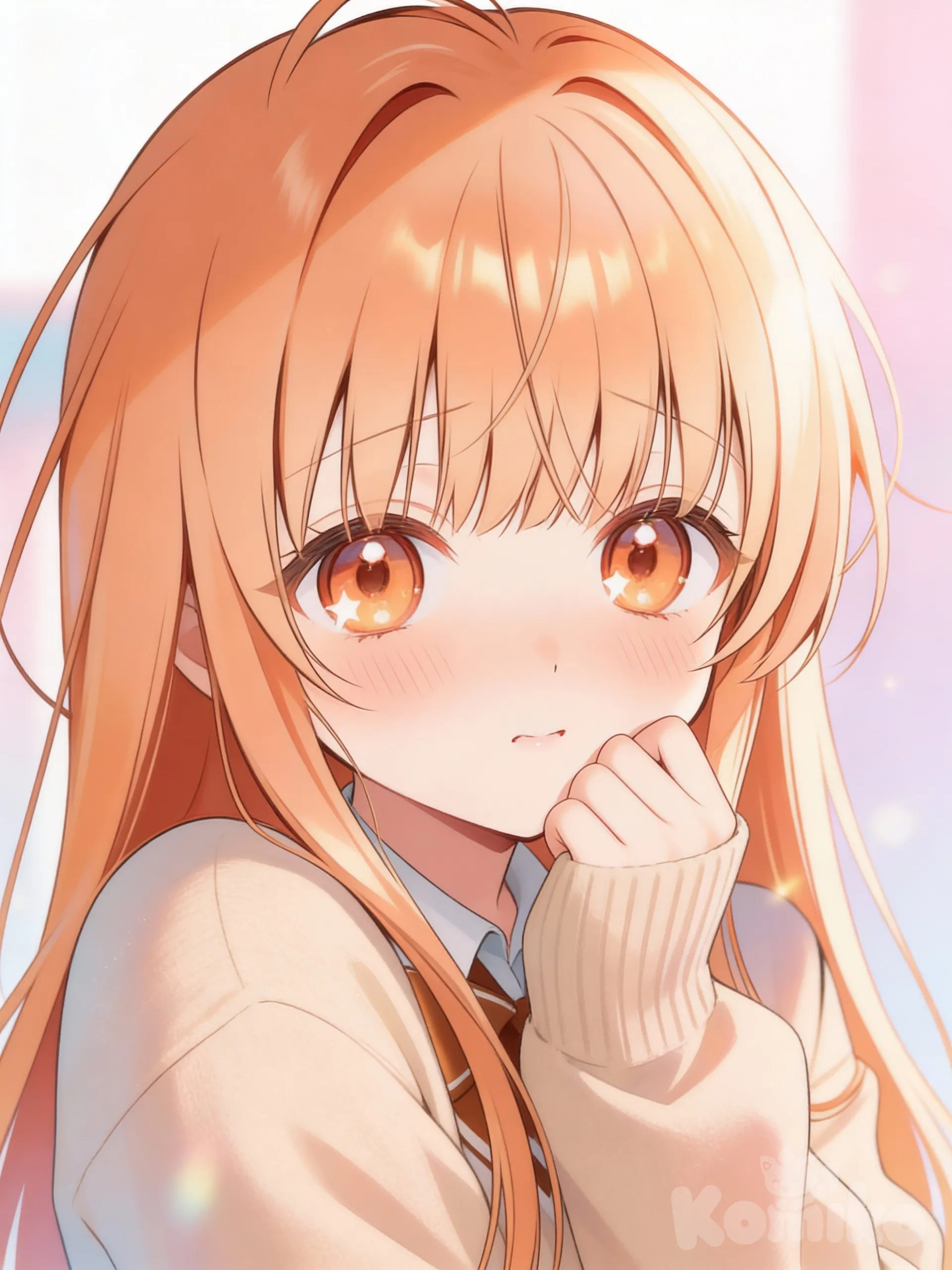 Make mahiru shina adorable shy anime girl, komikoAI inspired art style,
soft peach and cream tones, very clean lineart,
Long orenge hair, slightly messy bangs,
big round orenge eyes with star-like highlights,
light blush on cheeks, cute embarrassed expression,
wearing simple school sweater,
soft ambient lighting, dreamy glow,
minimal background, pastel gradient,
high resolution, smooth texture, kawaii anime illustration