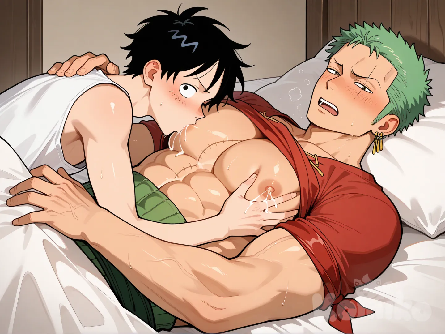 roronoa zoro, monkey d. luffy, shirt lift, full body, bara, yaoi, full body portrait, 2boys, breast sucking, lactation, embarrassed, blush, on bed
