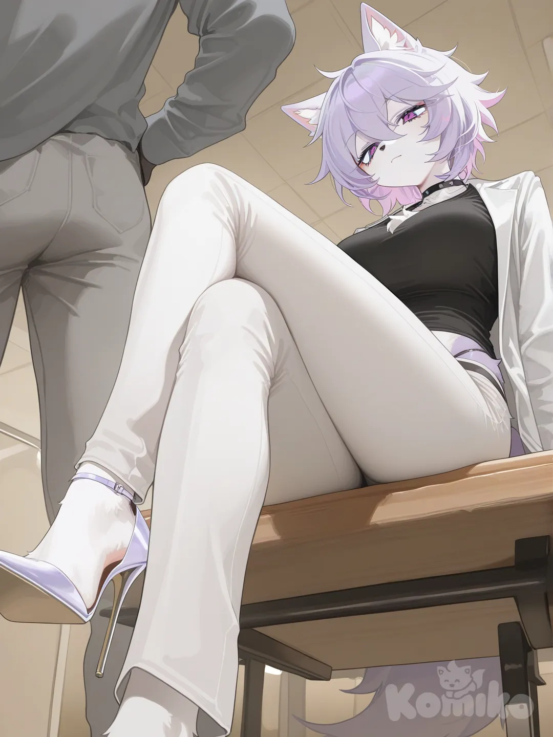 wolf girl, high heels, stiletto heels, short hair,purple hair, furry female, furry ,high heels, chest hair, chest big,full body,pantyhose, lowleg pants, sitting on bench, from below, highleg, leg up, feet up, heel up, soles, pants, closeup, shirt, looking down, black undershirt, white shirt