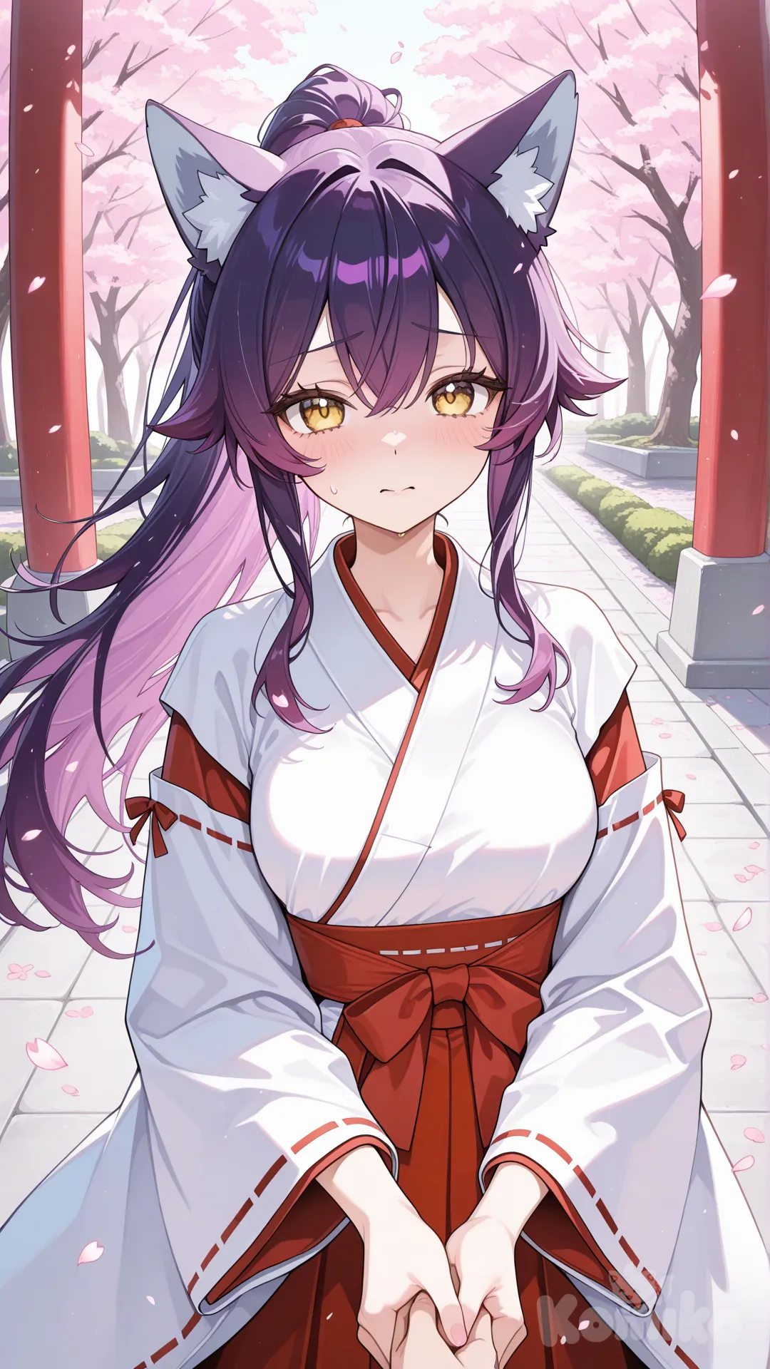 wolf ear, purple hair, yellow eyes, medium breasts, miko, cherry blossoms, holding hands, pov, high ponytail, worried