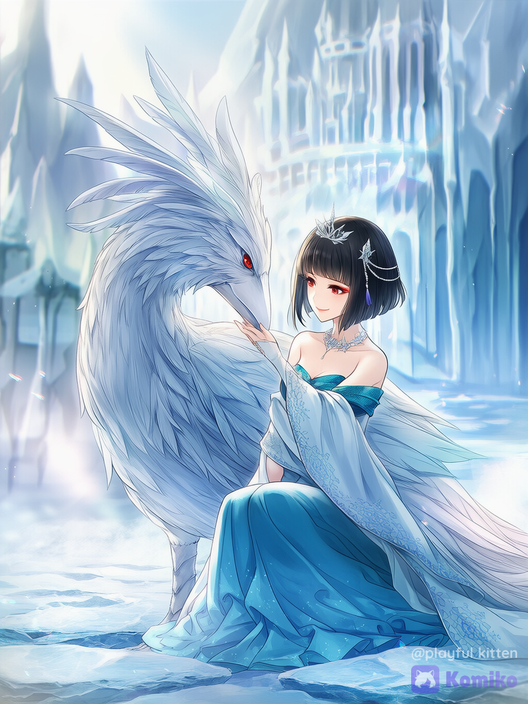 score_7, (female focus,a woman), ((digital illustration in manhwa style)), (red eyes, black bob cut, subtle makeup, eyeliner, eyeshadow),,captivating and mysterious.The style is a blend of dark fantasy and, conveying a mood of mystery and allure. The lighting is dramatic, with strong rim lighting highlighting her features and the fan, casting deep shadows and creating an ethereal, almost otherworldly atmosphere. The color palette is dominated by deep blacks and striking reds. The scene evokes a sense of dark fantasy, elegance, and alluring power. The composition is a close-up portrait with a shallow depth of field, focusing on the woman and her immediate surroundings, with bokeh effects enhancing the dreamlike quality. Cinematic lighting, high detail, dramatic. long eyelashes, sunlight, volumetric lighting, snow accessories, ice princess, snow queen, snow accessories, sitting in the protection of a giant ice phoenix, in the ice domain with the giant ice castle in the background, looking at the phoenix, hand touching its chin, happy, warm and intimate atmosphere, breathtaking atmosphere 8K resolution, vibrant colors, dreamy fantasy aesthetic, cinematic fantasy look, high detail, ultra-realistic, ethereal style, delicate softness, poetic lighting, modern digital painting aesthetic, Muted soft colors, old lighting, street style fashion, depth of field, wallpaper