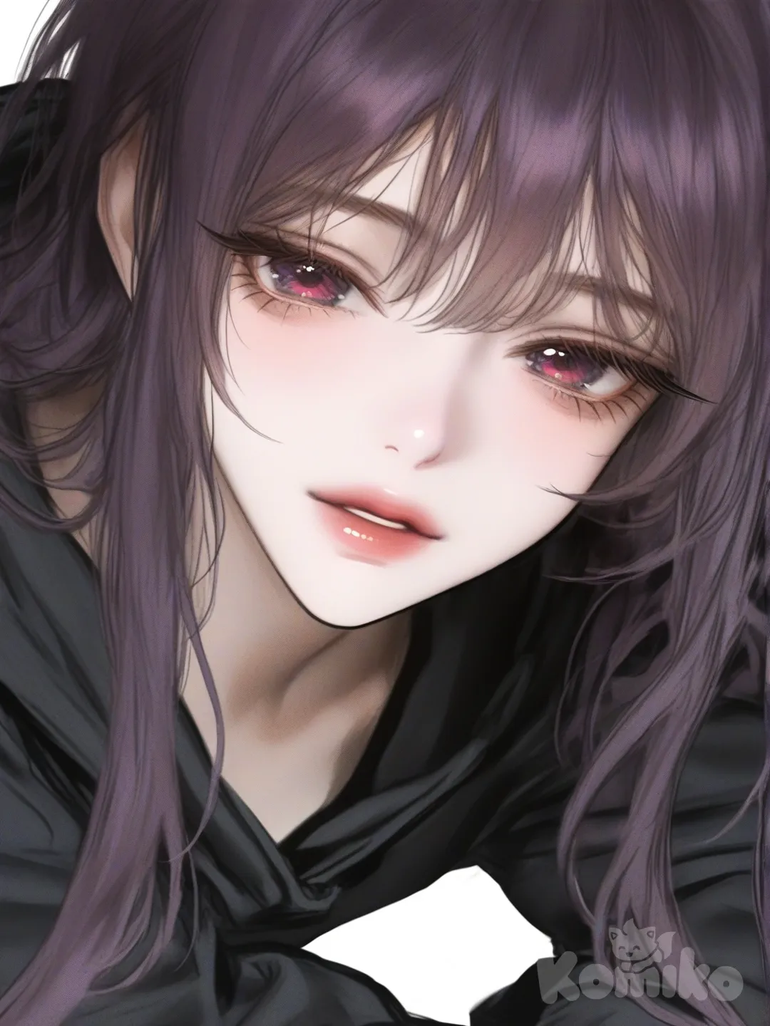 [semi-realistic-portrait-style] orchid purple colour,red purple amethyst eye,long sleeve black hoodie