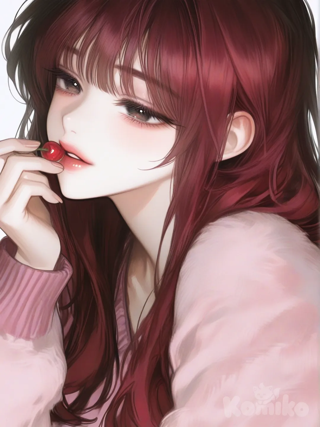 [semi-realistic-portrait-style]girl,red velvet hair,black eye,pink cherry sweater colour