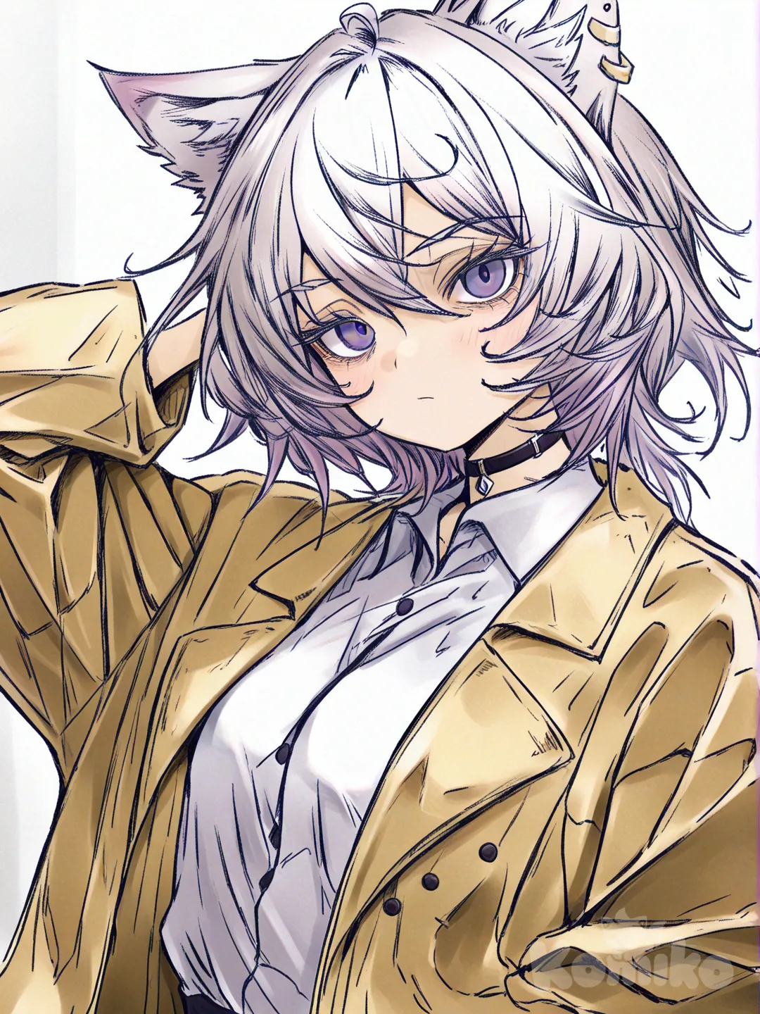 white hair,wolfcut hairstyles, orchid purple eye,white polo shirt,gold baggy jacket, [soft-wash-sketch-style]