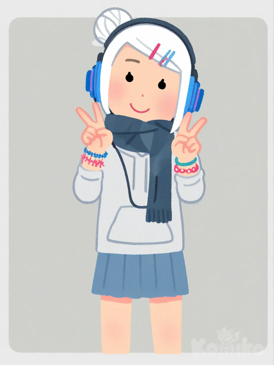 [irasutoya-style], 1girl, head tilt, v sign, hoodie, pleated skirt, hairpin, scarf, headphones, bracelet, spiky hair, bun, ivory white