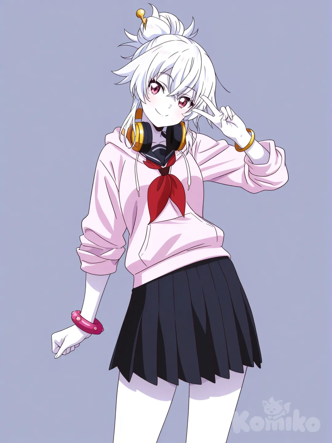 Character sheet, 1girl, head tilt, v sign, hoodie, black pleated skirt, hairpin, scarf, headphones, bracelet, spiky hair, bun, ivory white, [pop-anime-style], school uniform