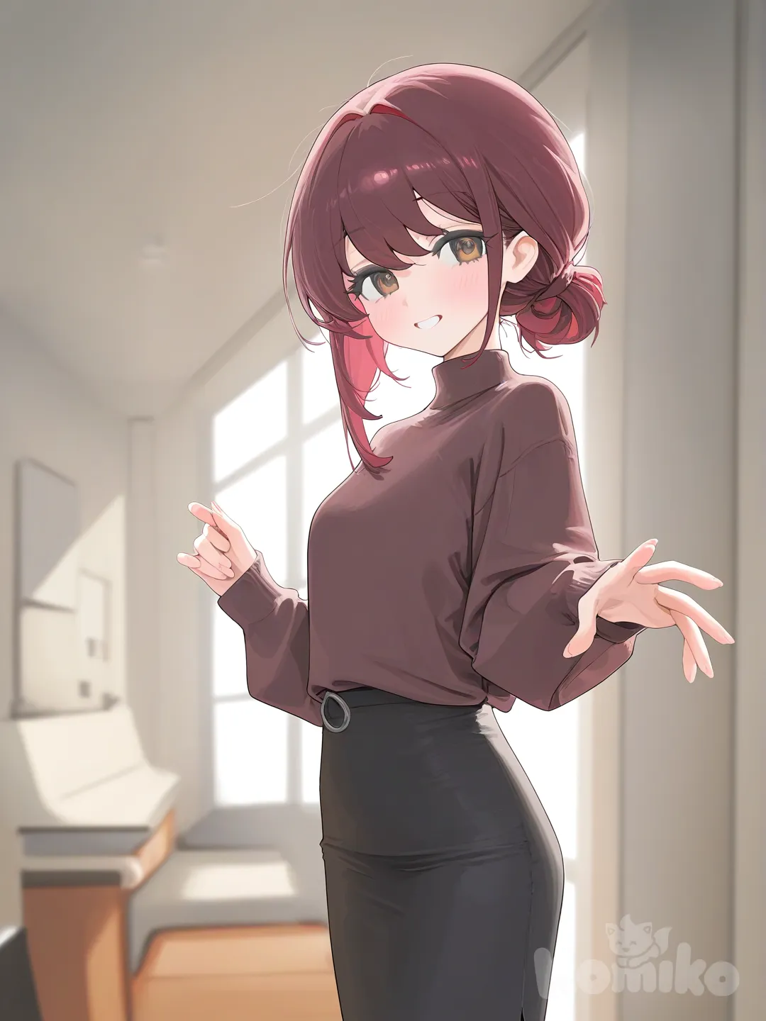 [vibrant-anime-style], 1girl, reaching towards viewer, standing, smile, brown sweater, turtleneck, pencil skirt, blush, single hair bun, maroon_hairk brown eyes , looking at viewer, closeup, ambient light, day, apartment background, window